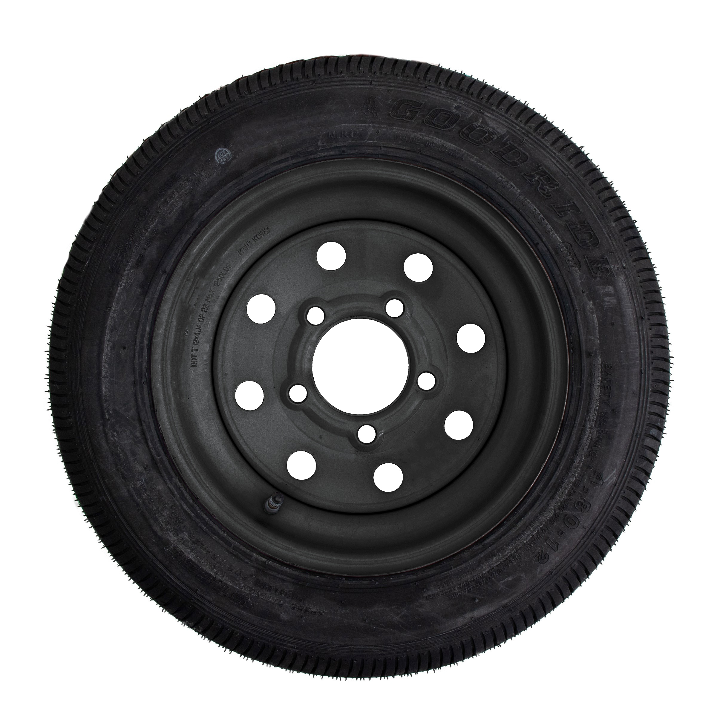 Llanta de Remolque 12 pulgadas 4.80-12 de 6 capas y Rueda Mod Negra de 5 birlos en 4.5 pulgadas 11480X126PTW-NEGRO