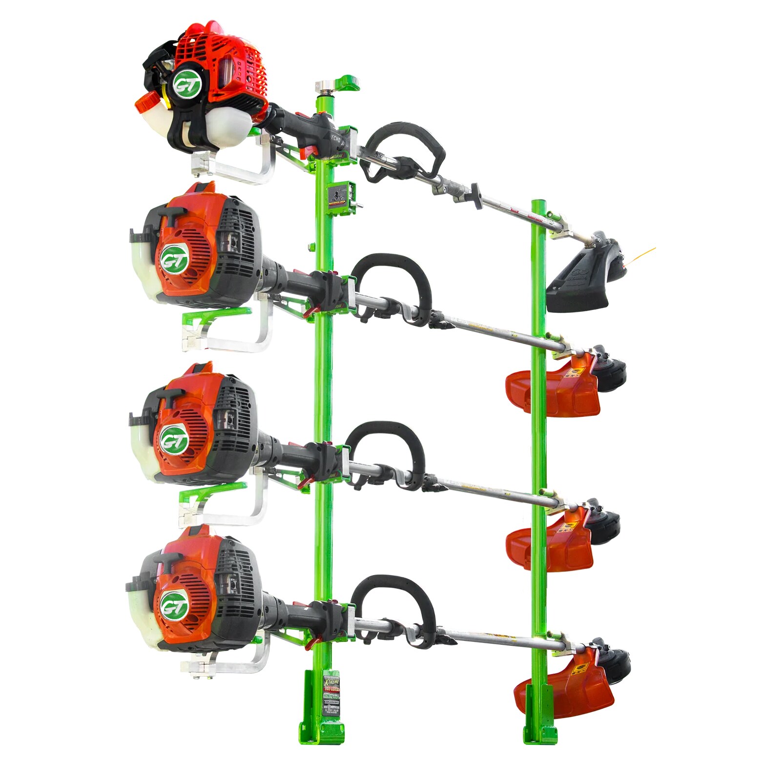 Rack para recortadora Xtreme Pro Series de 4 posiciones para remolques abiertos y cerrados - Construcción de acero resistente XC104 de GREEN TOUCH INDUSTRIES.
