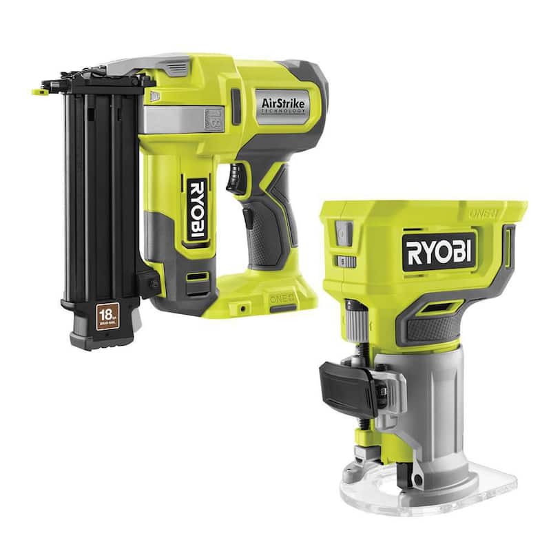 Clavadora de brad inalámbrica RYOBI ONE+ 18V calibre 18 con Router de base fija y compacta (solo herramientas) - P321-PCL424B
