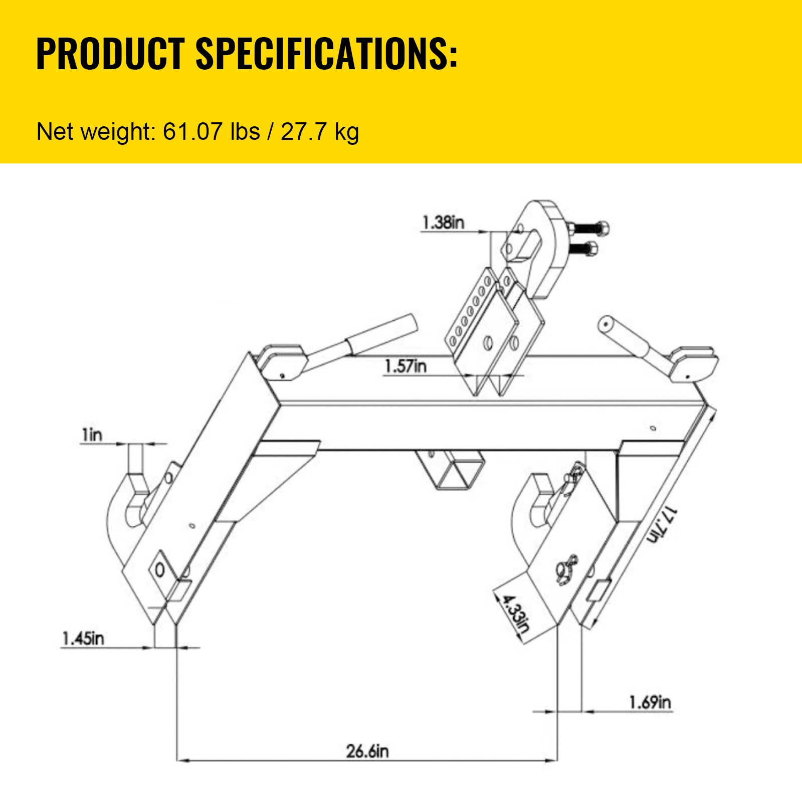 Enganche rápido de 3 puntos VEVOR, capacidad de elevación de 3000 libras para tractor, enganche rápido de 28.31 pulgadas entre brazos inferiores, sin necesidad de soldadura y perno ajustable de 5 niveles, adaptación a tractores categoría 1 y 2 TLJSDKHZZHS-GRH8XV0.