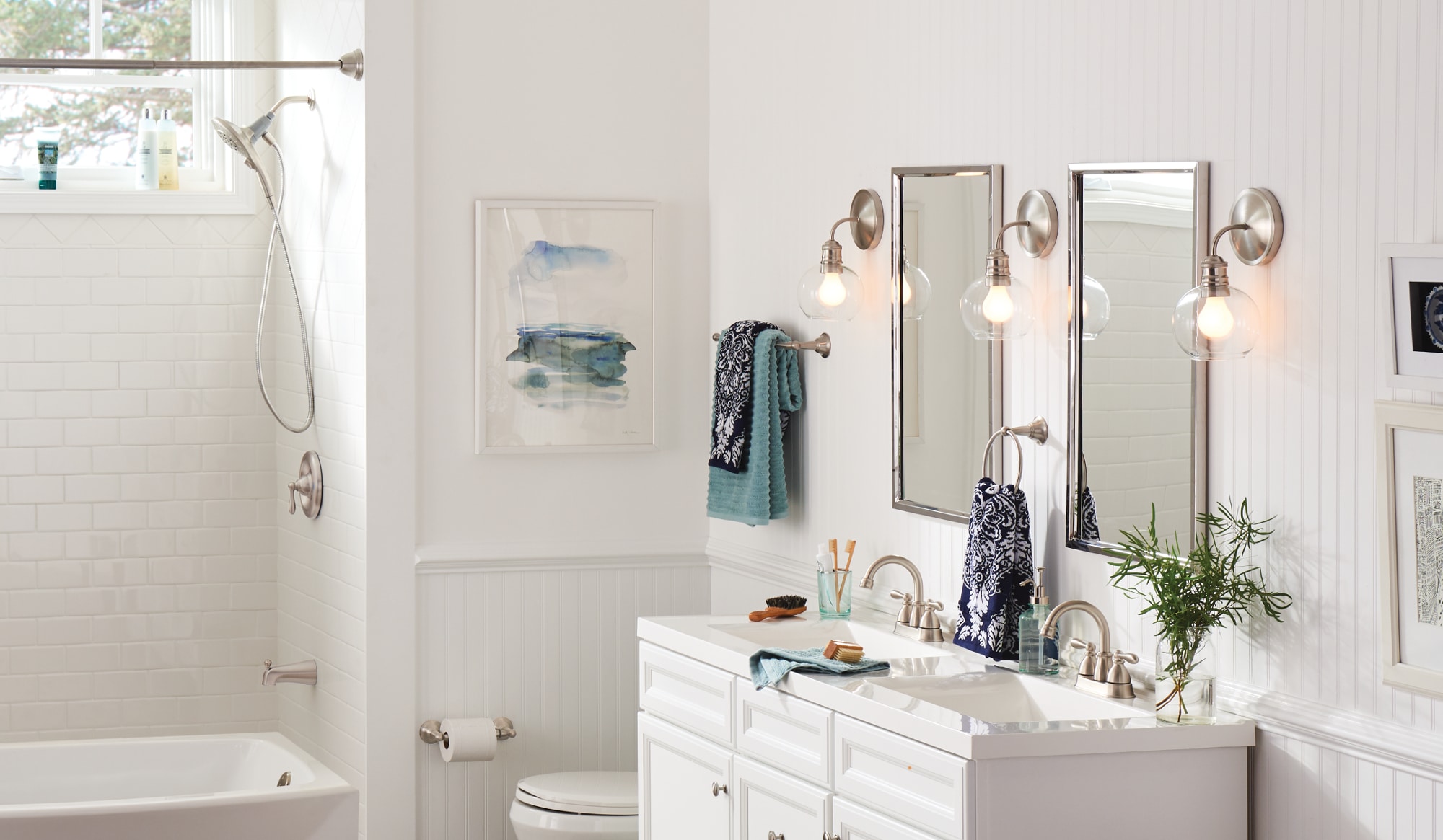 Juego de Accesorios Decorativos de Baño de Níquel Cepillado Sage de 3 Piezas Moen - Barra de Toalla, Porta Rollos de Papel Higiénico, Anillo de Toalla incluidos DN6893BN-01