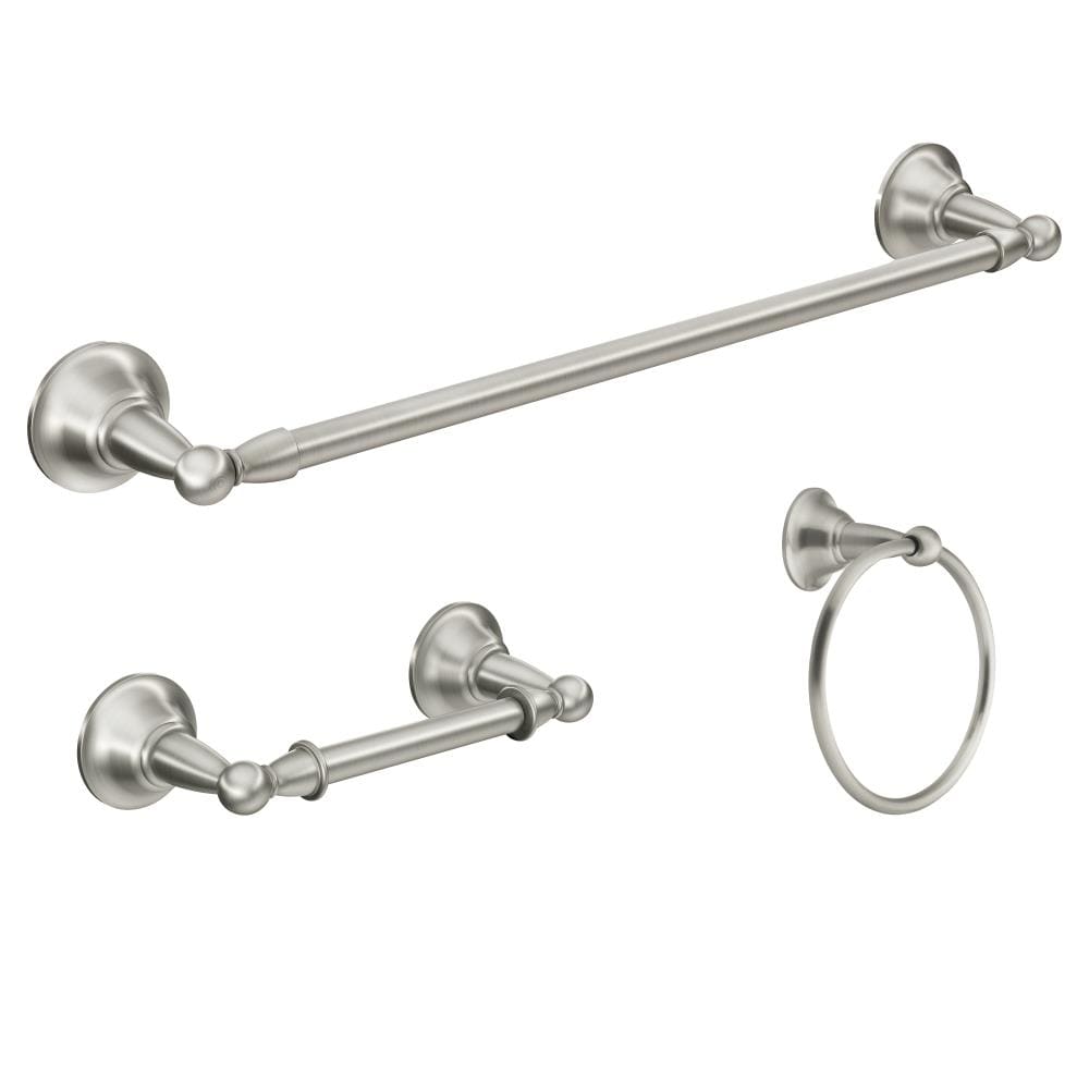 Juego de Accesorios Decorativos de Baño de Níquel Cepillado Sage de 3 Piezas Moen - Barra de Toalla, Porta Rollos de Papel Higiénico, Anillo de Toalla incluidos DN6893BN-01
