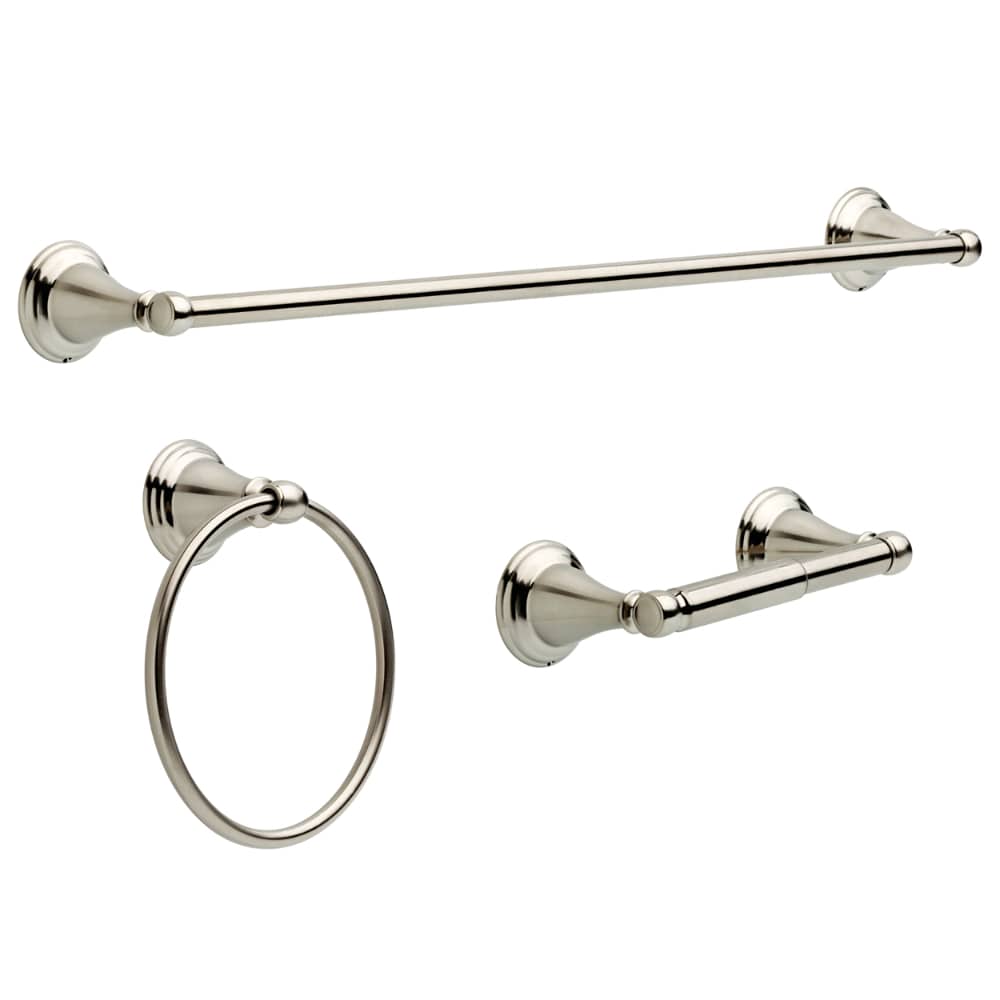 Set de accesorios decorativos para baño en níquel cepillado de 3 piezas Windemere: barra de toallas, portarrollos y argolla para toallas. Incluye WIN63VK-BN.