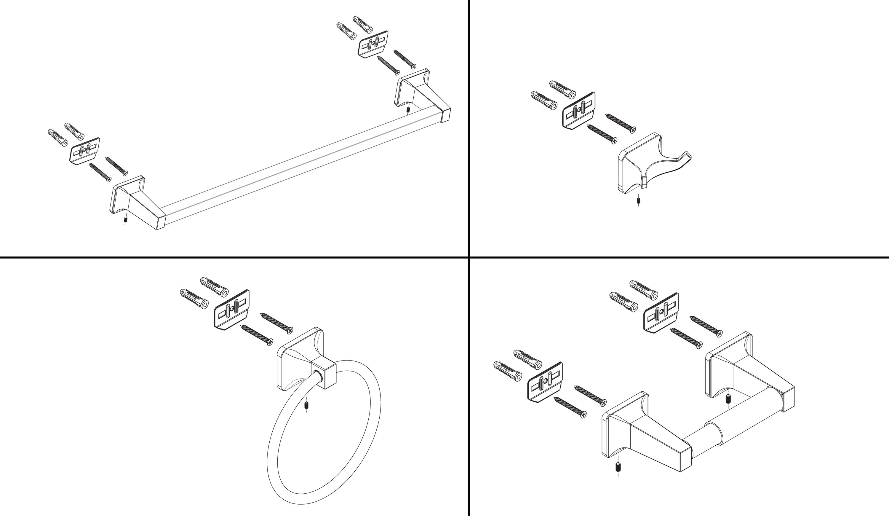 Juego de accesorios para baño decorativos en cromo de 4 piezas de Project Source: Barra para toallas, porta papel higiénico, argolla para toallas y gancho para batas incluidos.