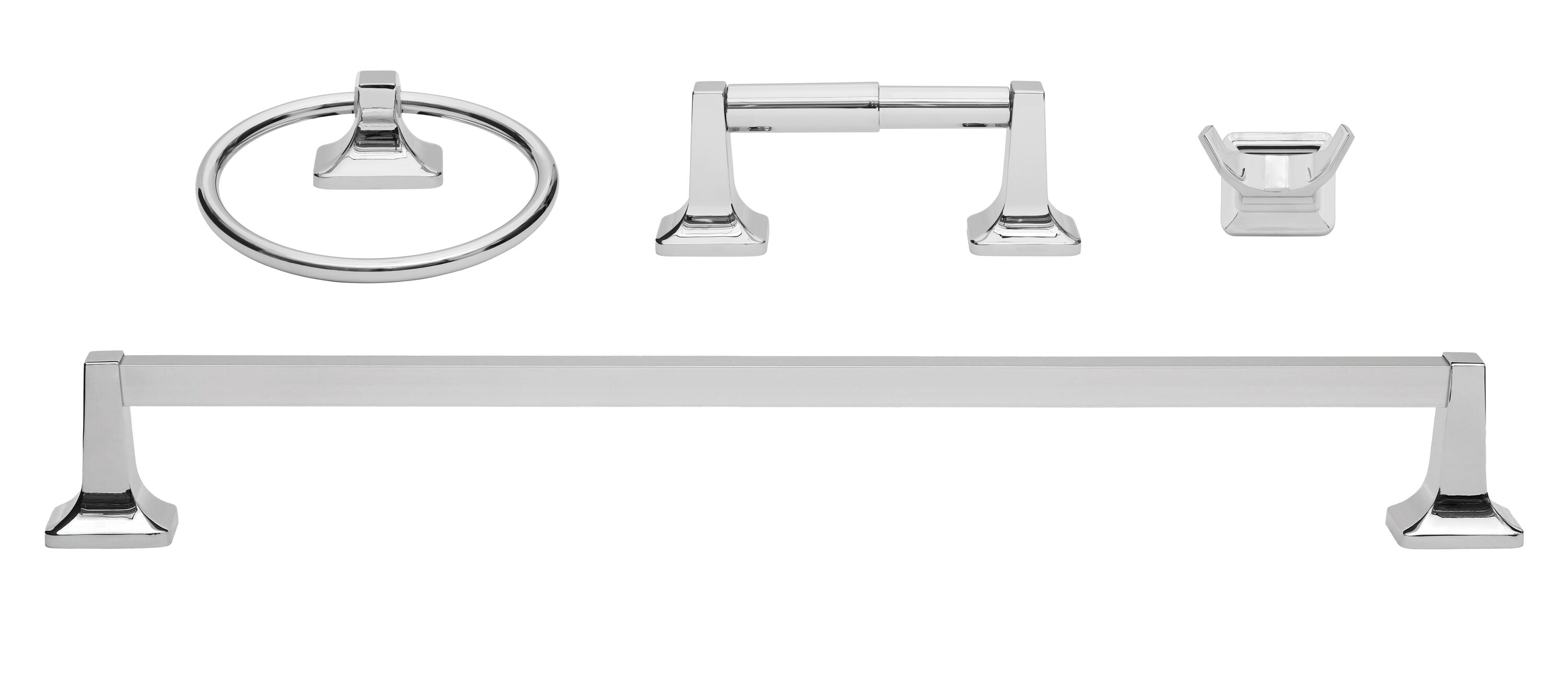Juego de accesorios para baño decorativos en cromo de 4 piezas de Project Source: Barra para toallas, porta papel higiénico, argolla para toallas y gancho para batas incluidos.
