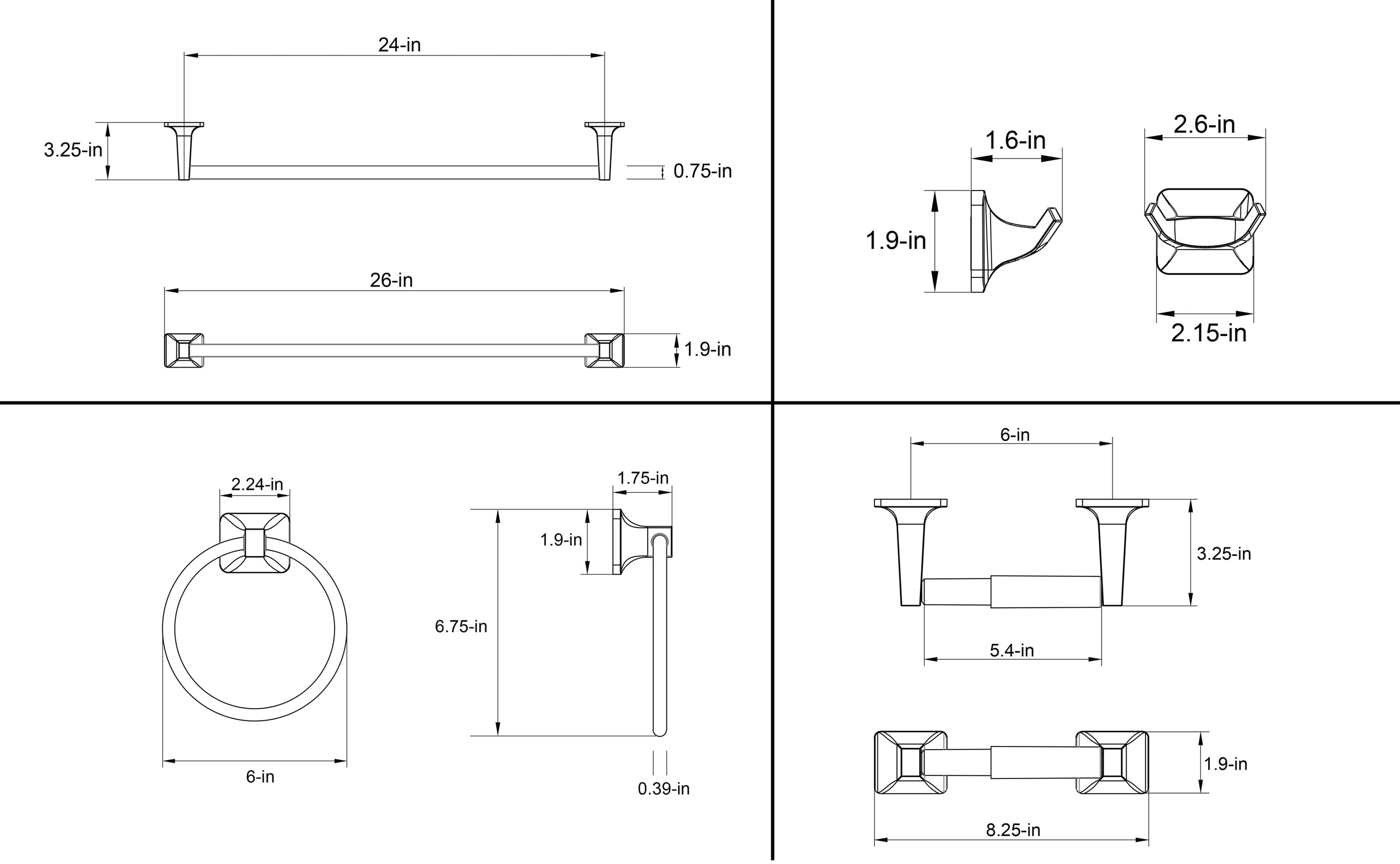 Juego de accesorios para baño decorativos en cromo de 4 piezas de Project Source: Barra para toallas, porta papel higiénico, argolla para toallas y gancho para batas incluidos.