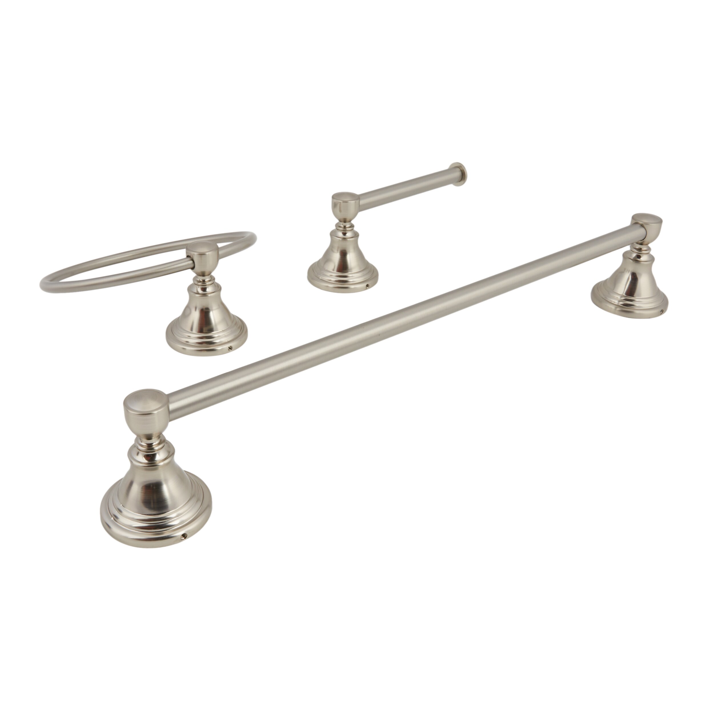 Conjunto de accesorios decorativos para baño de 3 piezas con acabado en níquel cepillado Jordon, incluye barra de toalla, porta papel higiénico y argolla para toalla - Modelo FSI657-18TPTRBNIC
