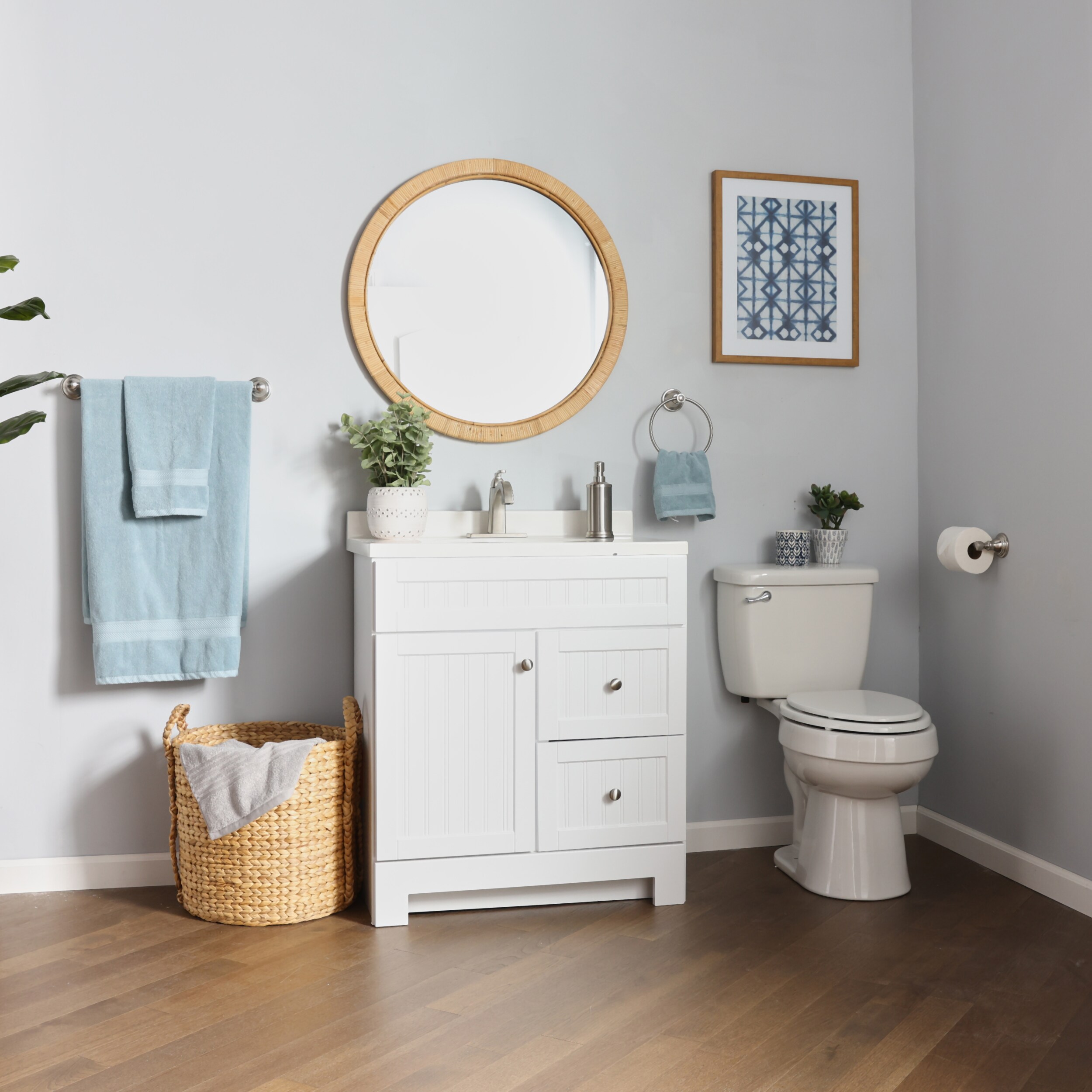 Conjunto de accesorios decorativos para baño de 3 piezas con acabado en níquel cepillado Jordon, incluye barra de toalla, porta papel higiénico y argolla para toalla - Modelo FSI657-18TPTRBNIC