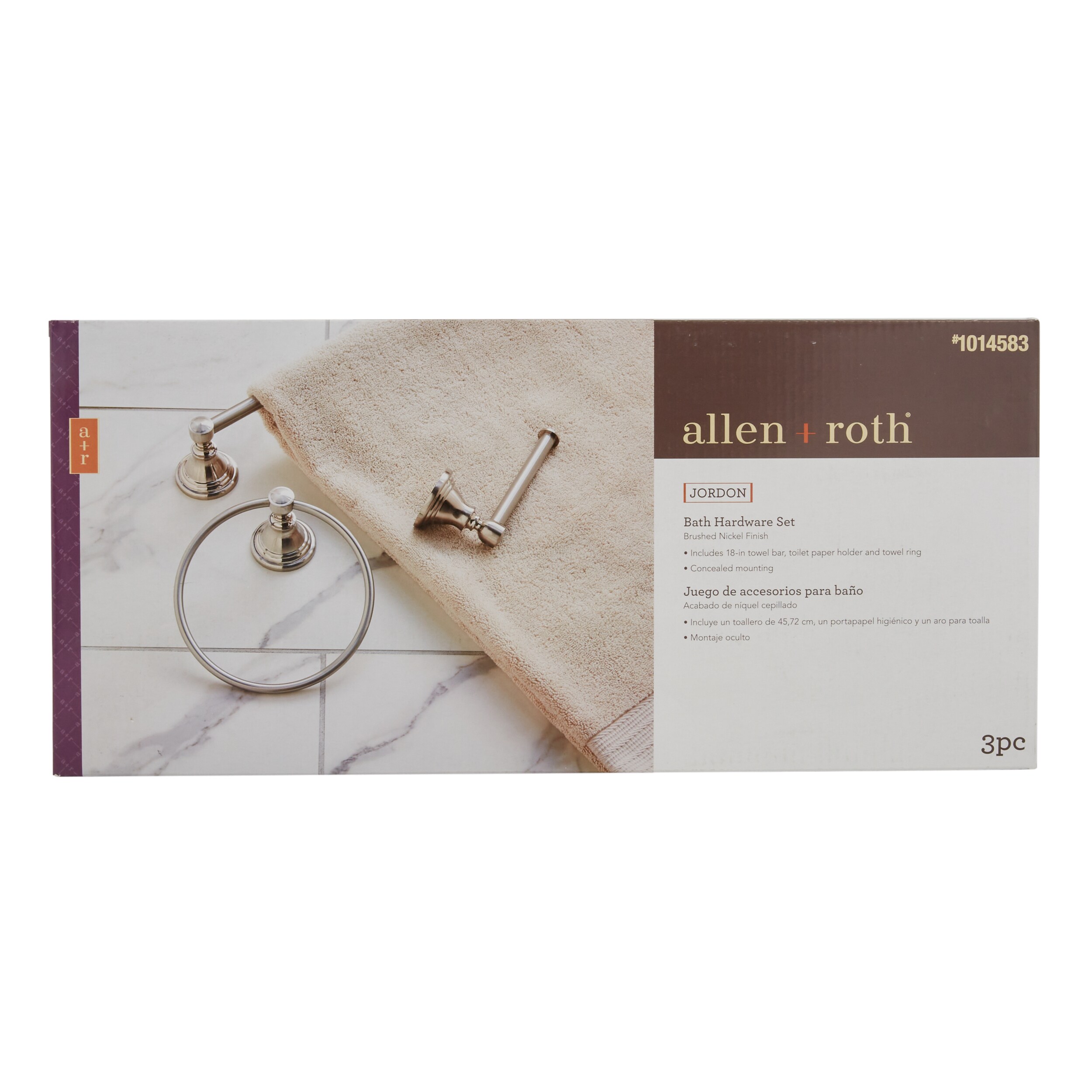 Conjunto de accesorios decorativos para baño de 3 piezas con acabado en níquel cepillado Jordon, incluye barra de toalla, porta papel higiénico y argolla para toalla - Modelo FSI657-18TPTRBNIC