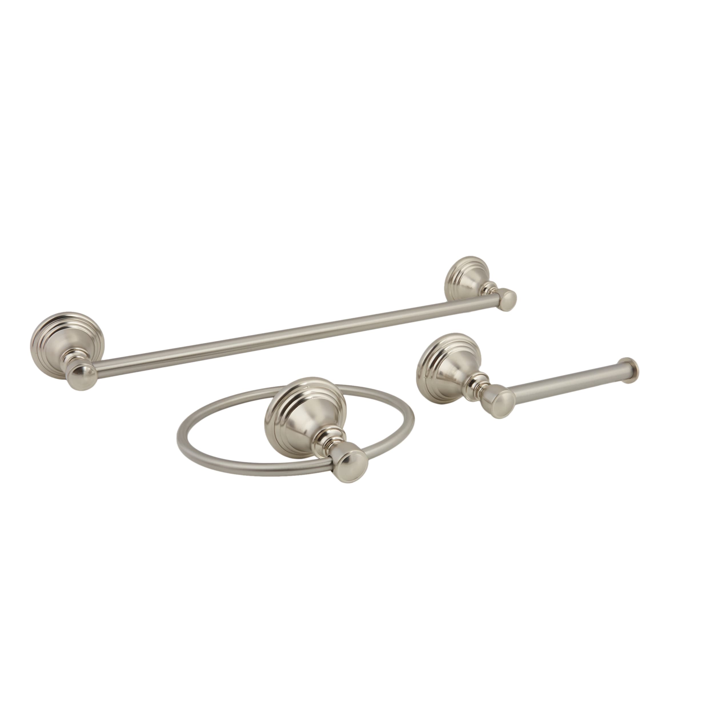 Conjunto de accesorios decorativos para baño de 3 piezas con acabado en níquel cepillado Jordon, incluye barra de toalla, porta papel higiénico y argolla para toalla - Modelo FSI657-18TPTRBNIC