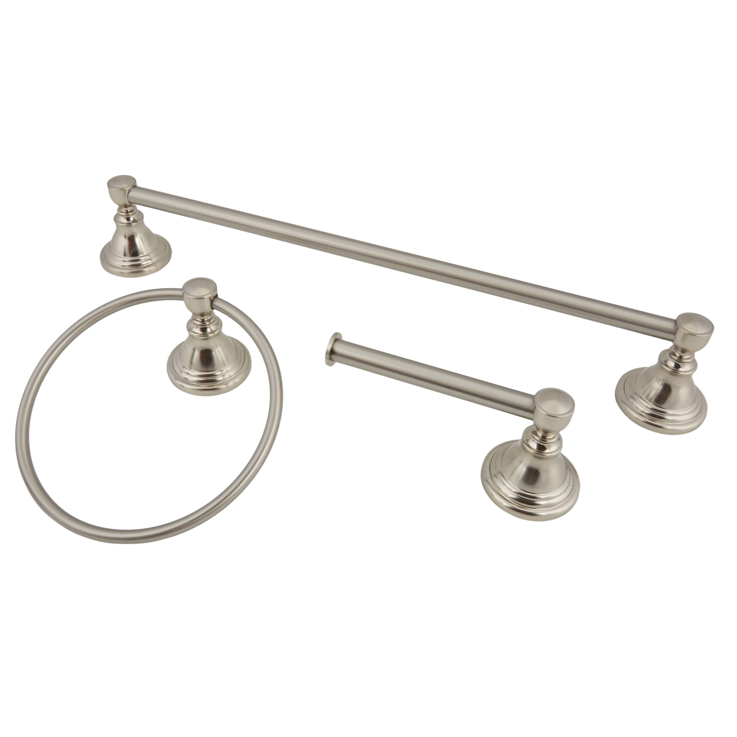 Conjunto de accesorios decorativos para baño de 3 piezas con acabado en níquel cepillado Jordon, incluye barra de toalla, porta papel higiénico y argolla para toalla - Modelo FSI657-18TPTRBNIC