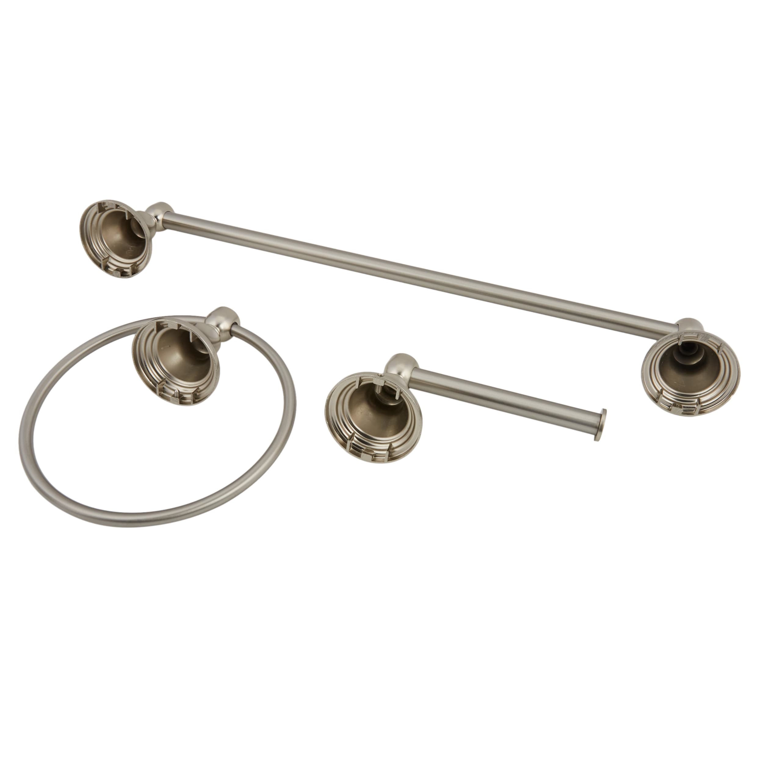 Conjunto de accesorios decorativos para baño de 3 piezas con acabado en níquel cepillado Jordon, incluye barra de toalla, porta papel higiénico y argolla para toalla - Modelo FSI657-18TPTRBNIC