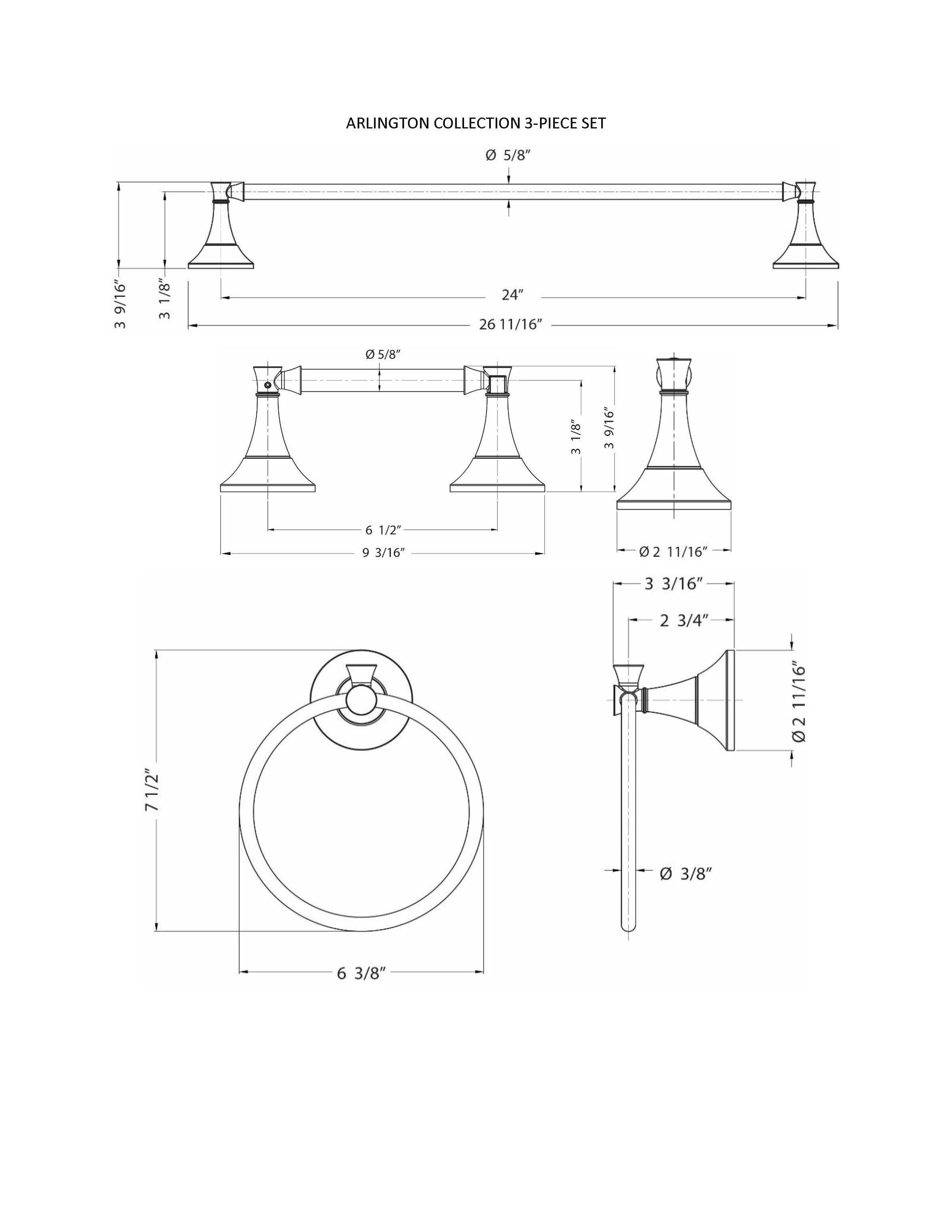 Set de accesorios decorativos para baño en níquel satinado de 3 piezas Arlington: barra para toallas, portarrollos y argolla para toallas. Incluye BA2702-3SET-SN.