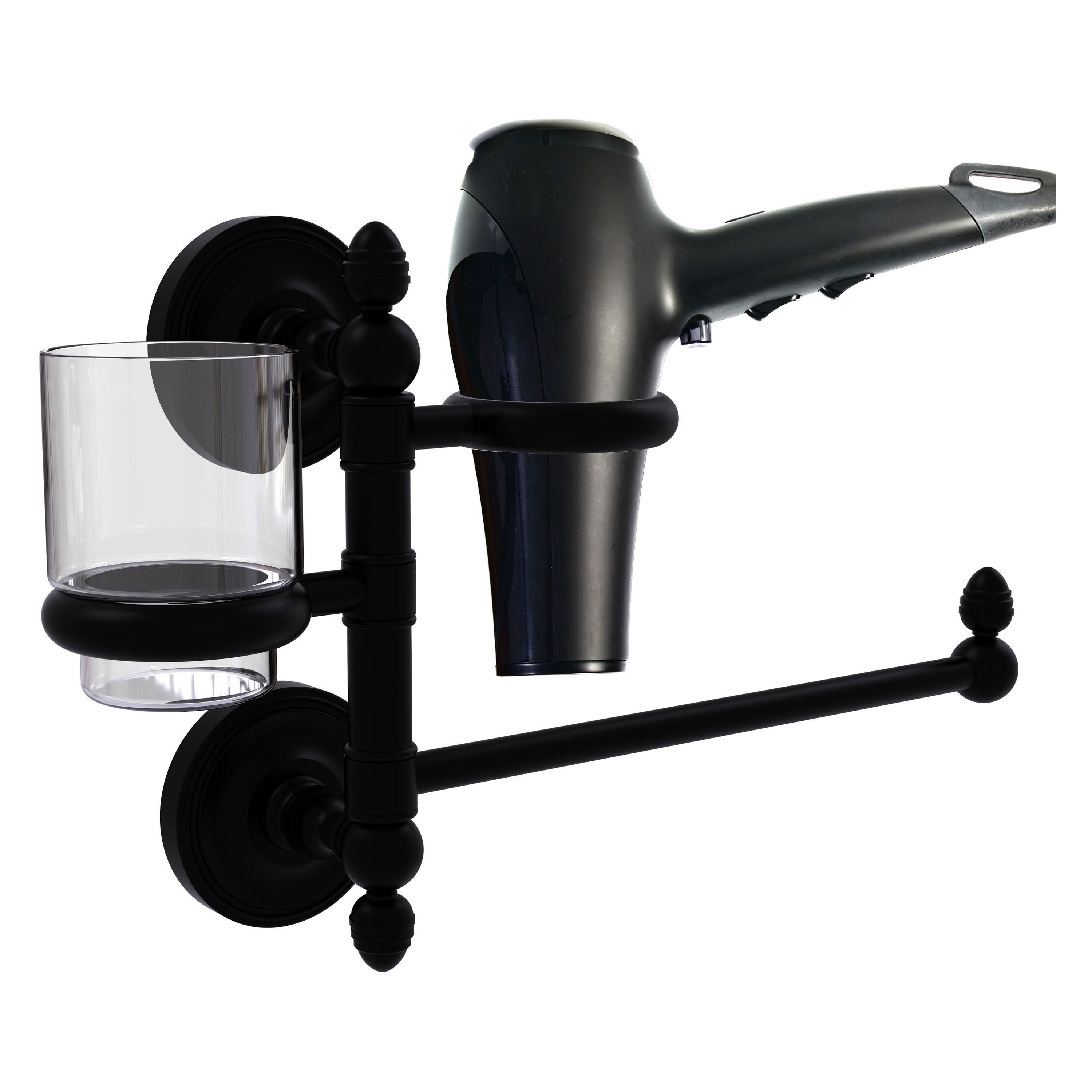 Set de herrajes decorativos para baño en negro mate de dos piezas de la línea Prestige Regal. Incluye barra para toallas.