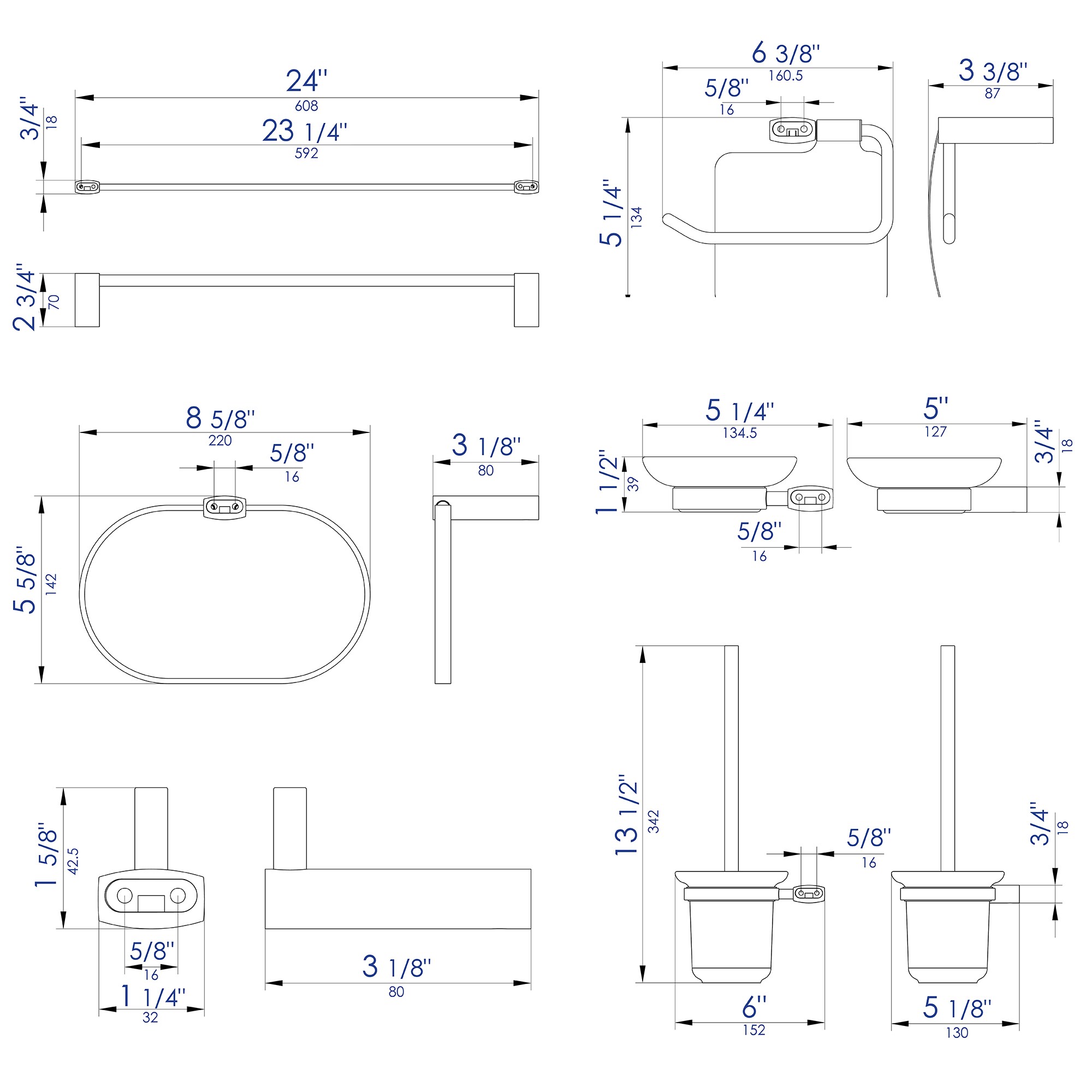 Juego de accesorios decorativos para baño de la marca ALFI de 6 piezas incluye barra para toallas, porta papel higiénico, anillo para toallas y gancho para batas AB9503-BN.