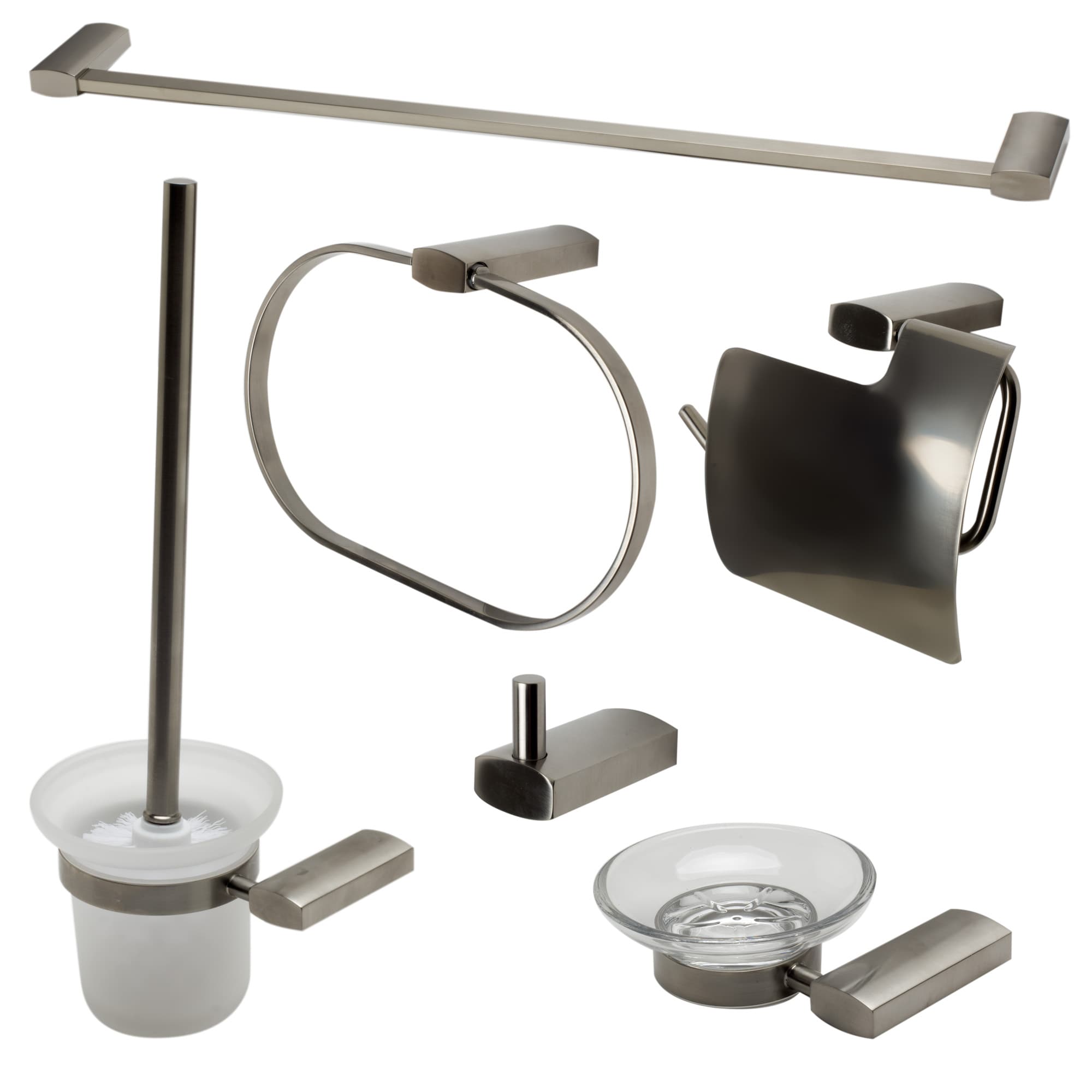 Juego de accesorios decorativos para baño de la marca ALFI de 6 piezas incluye barra para toallas, porta papel higiénico, anillo para toallas y gancho para batas AB9503-BN.