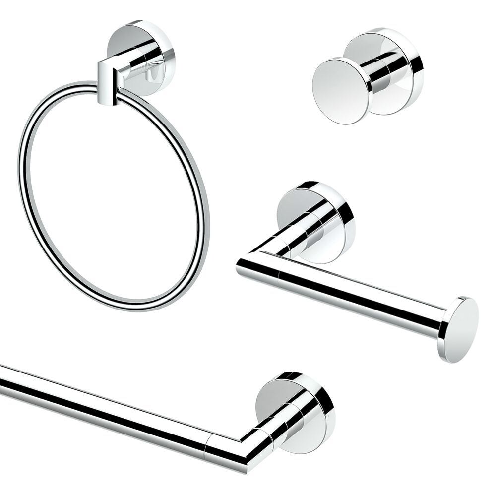 Juego de Accesorios de Baño Decorativos Cromados con Estilo Glam de 4 Piezas Gatco - Barra para Toallas, Porta Papel Higiénico, Argolla para Toallas, Gancho para Batas Incluidos KA-GLA-4-PC