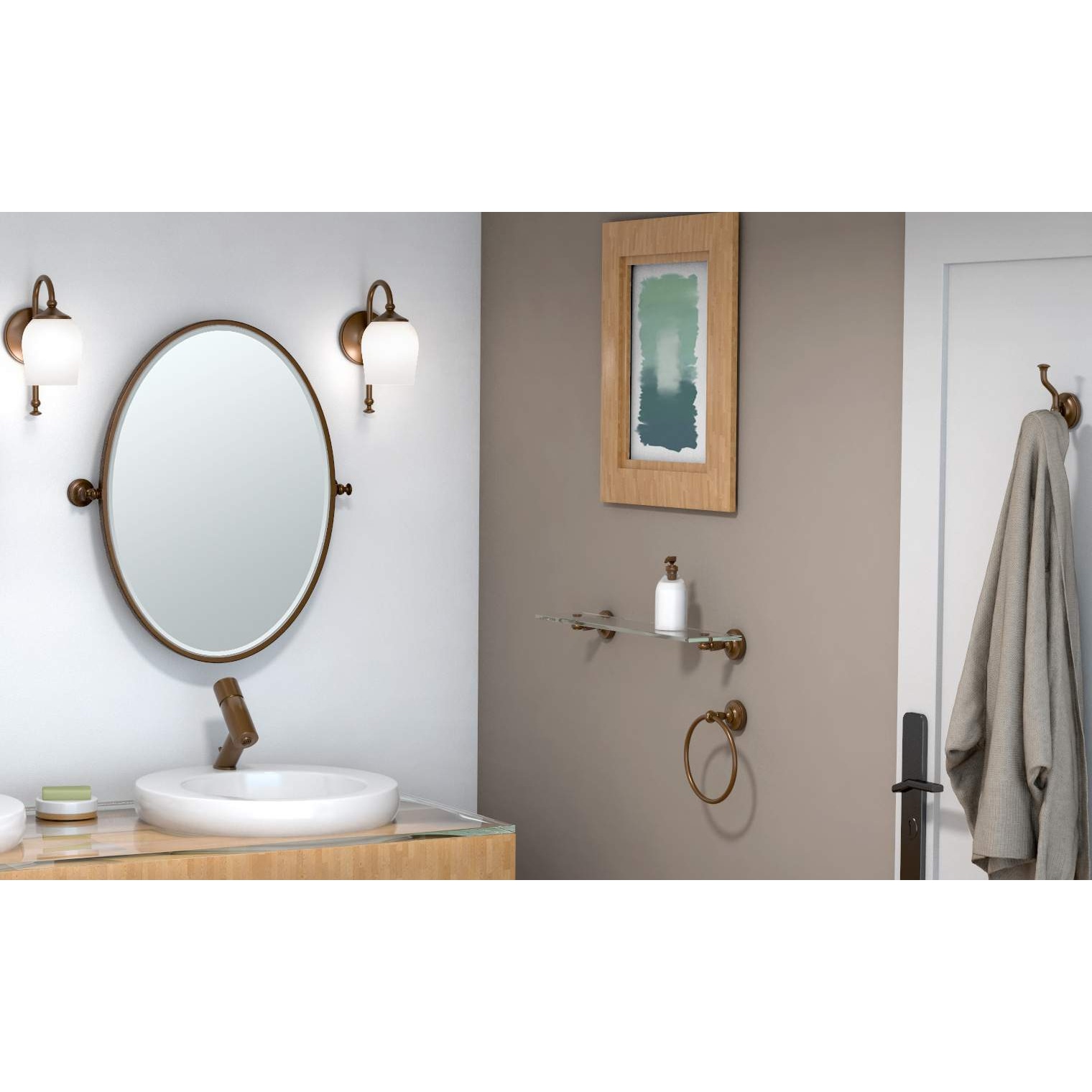 Juego de 4 Piezas de Accesorios de Baño en Níquel Pulido estilo Taberna Gatco: Barra para Toallas, Porta Papel de Baño, Argolla para Toallas y Gancho para Batas incluidos.