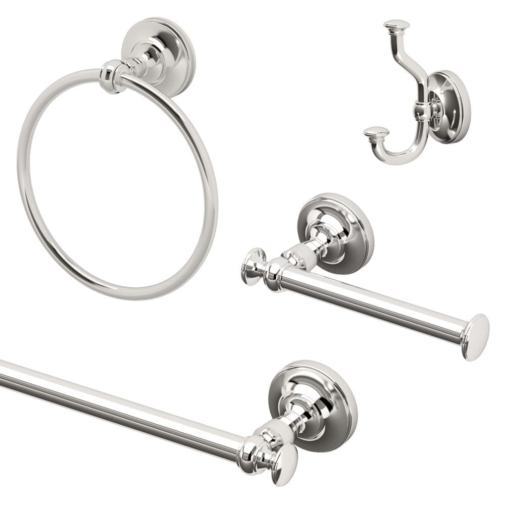 Juego de 4 Piezas de Accesorios de Baño en Níquel Pulido estilo Taberna Gatco: Barra para Toallas, Porta Papel de Baño, Argolla para Toallas y Gancho para Batas incluidos.