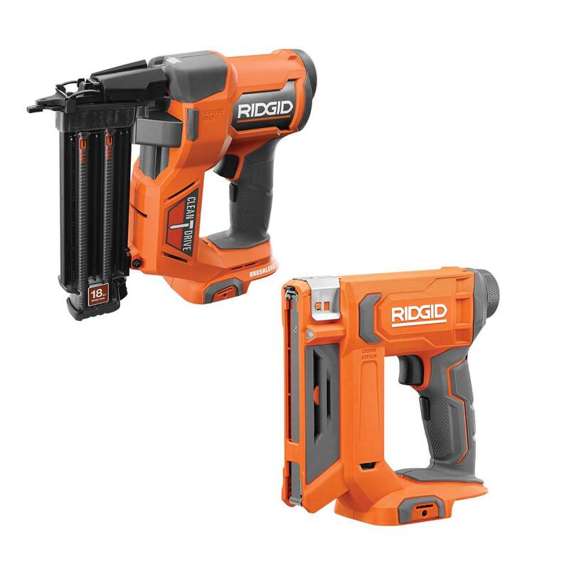 GRAPADORA ELÉCTRICA INALÁMBRICA SIN ESCOBILLAS RIDGID DE 18V DE CALIBRE 18 DE 2-1/8 PULGADAS CON GRAPADORA ELÉCTRICA INALÁMBRICA DE 18V DE 3/8 DE PULGADA (SÓLO HERRAMIENTAS) - R09891B-R09897B