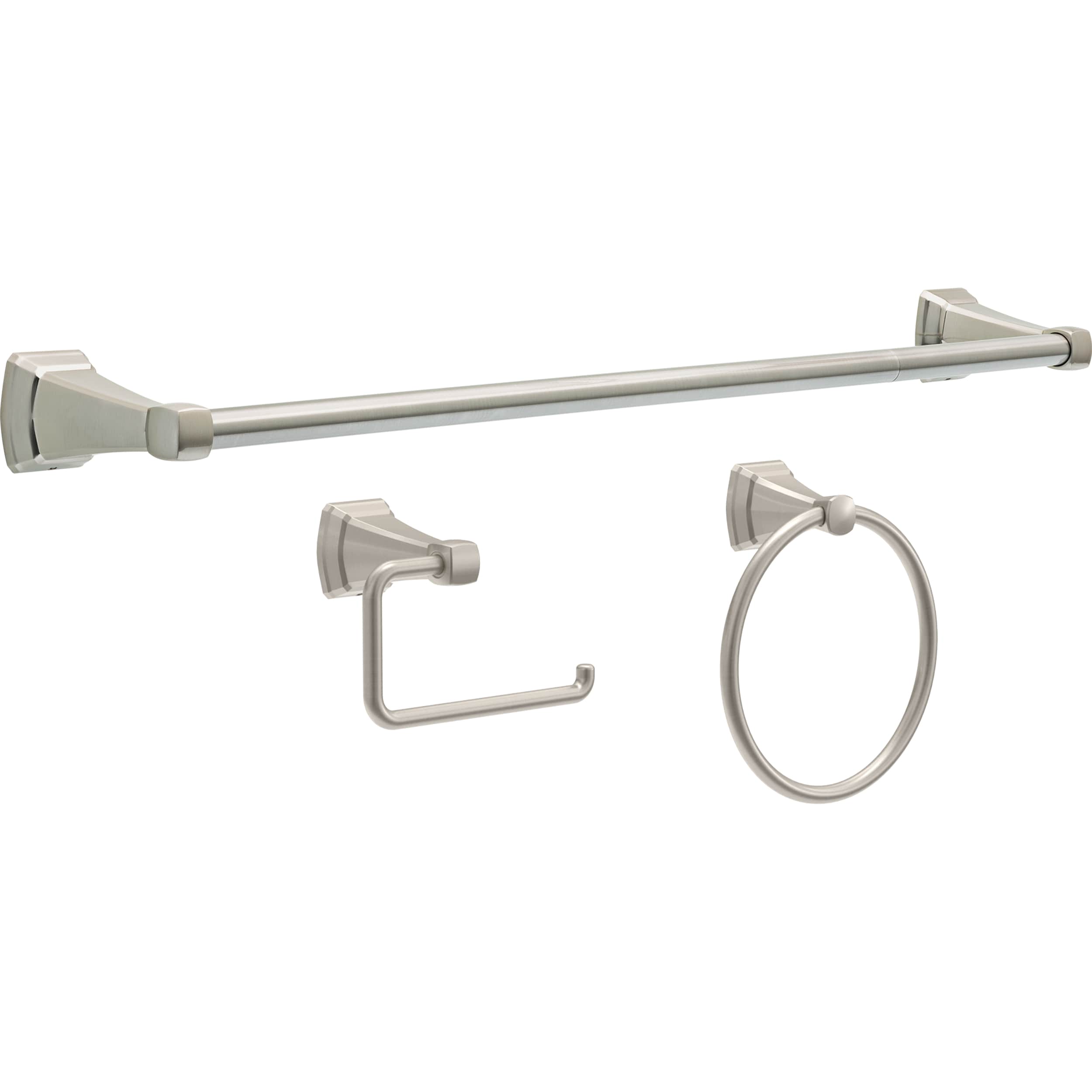 Set de accesorios decorativos de baño en níquel cepillado Delta 3 piezas Flynn Spotshield: Barra para toallas, porta papel higiénico y anillo para toallas incluidos FLY63-DN