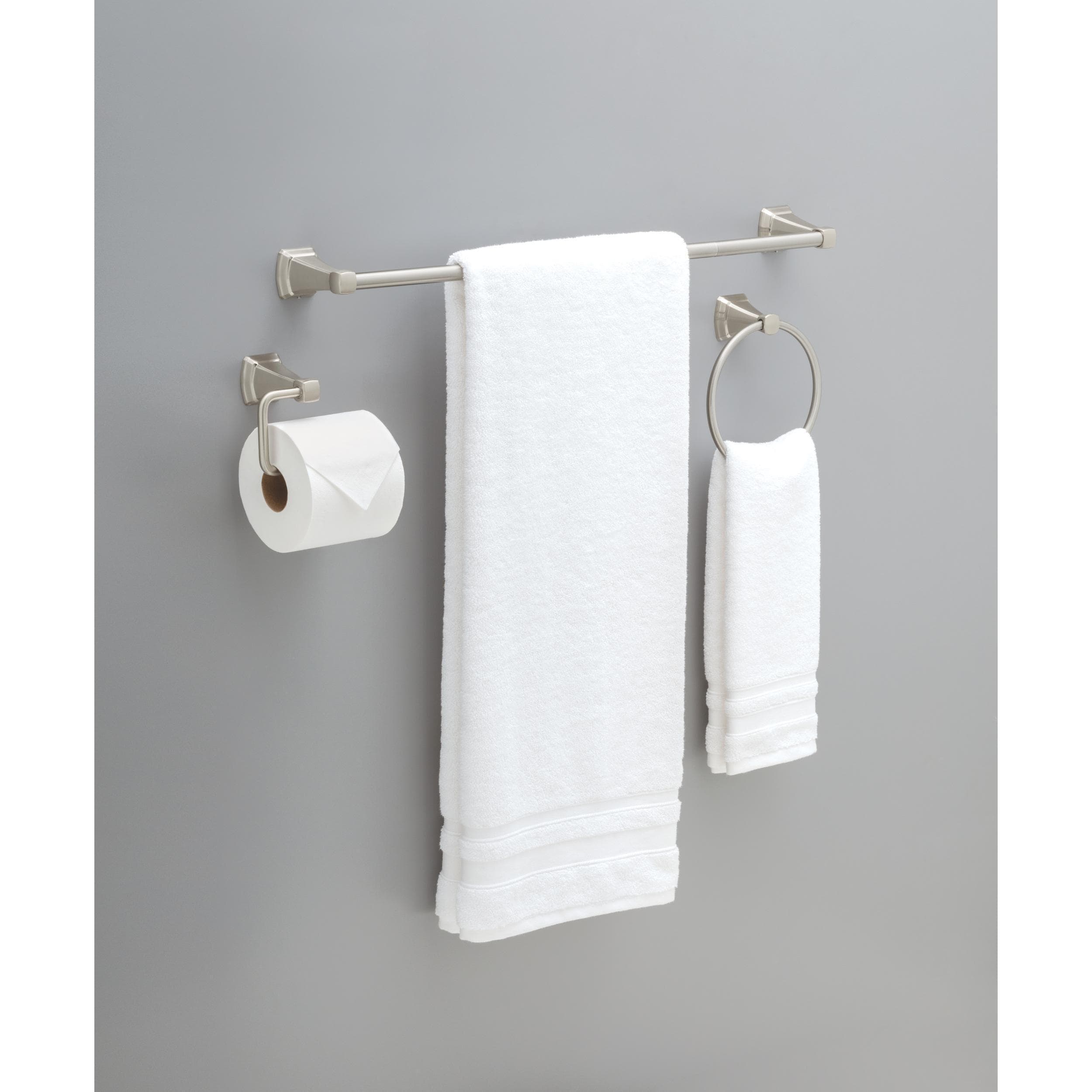 Set de accesorios decorativos de baño en níquel cepillado Delta 3 piezas Flynn Spotshield: Barra para toallas, porta papel higiénico y anillo para toallas incluidos FLY63-DN