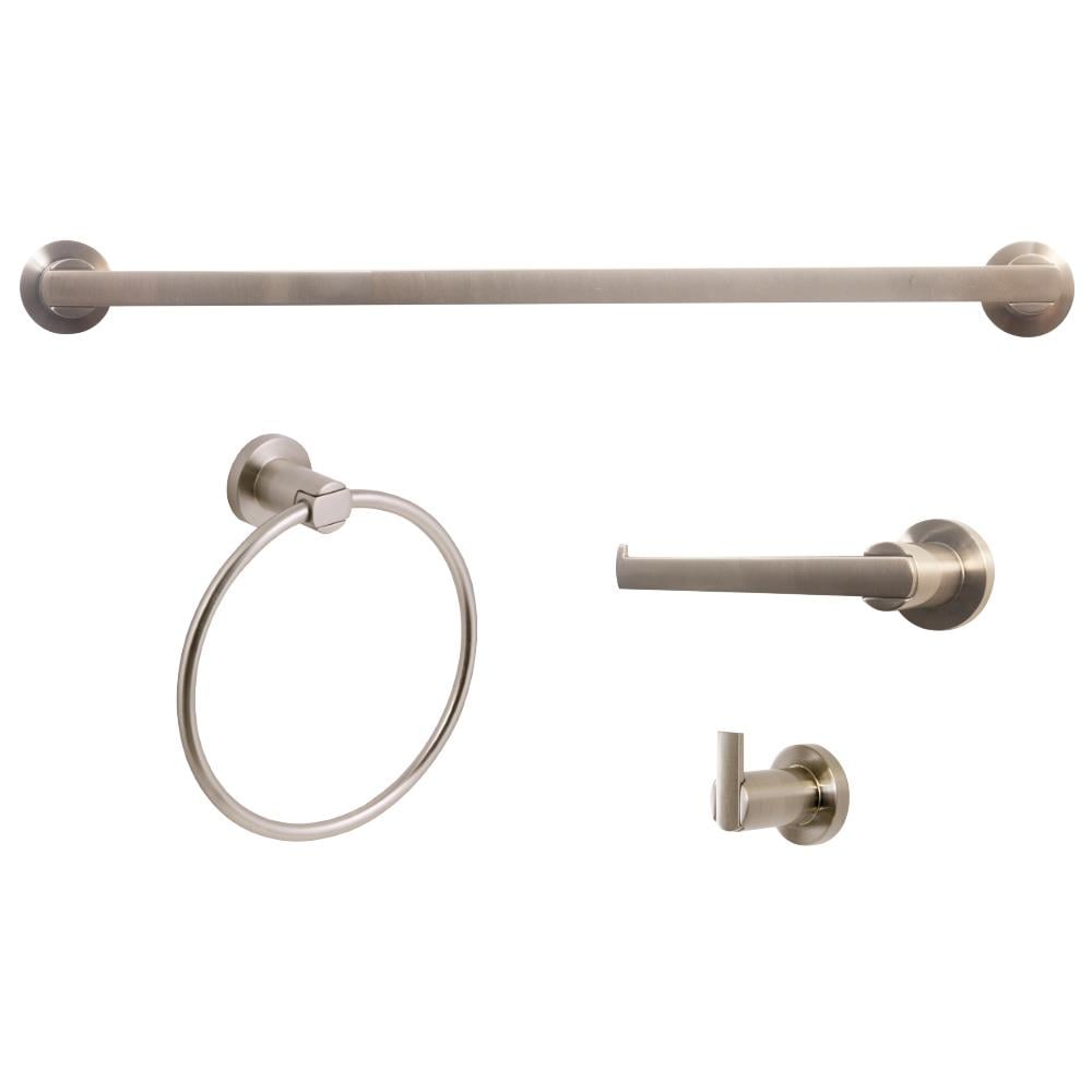 Juego de accesorios de baño decorativos de 4 piezas en níquel satinado Eastport, Incluye barra de toallas, porta papel higiénico, argolla para toallas y gancho para batas