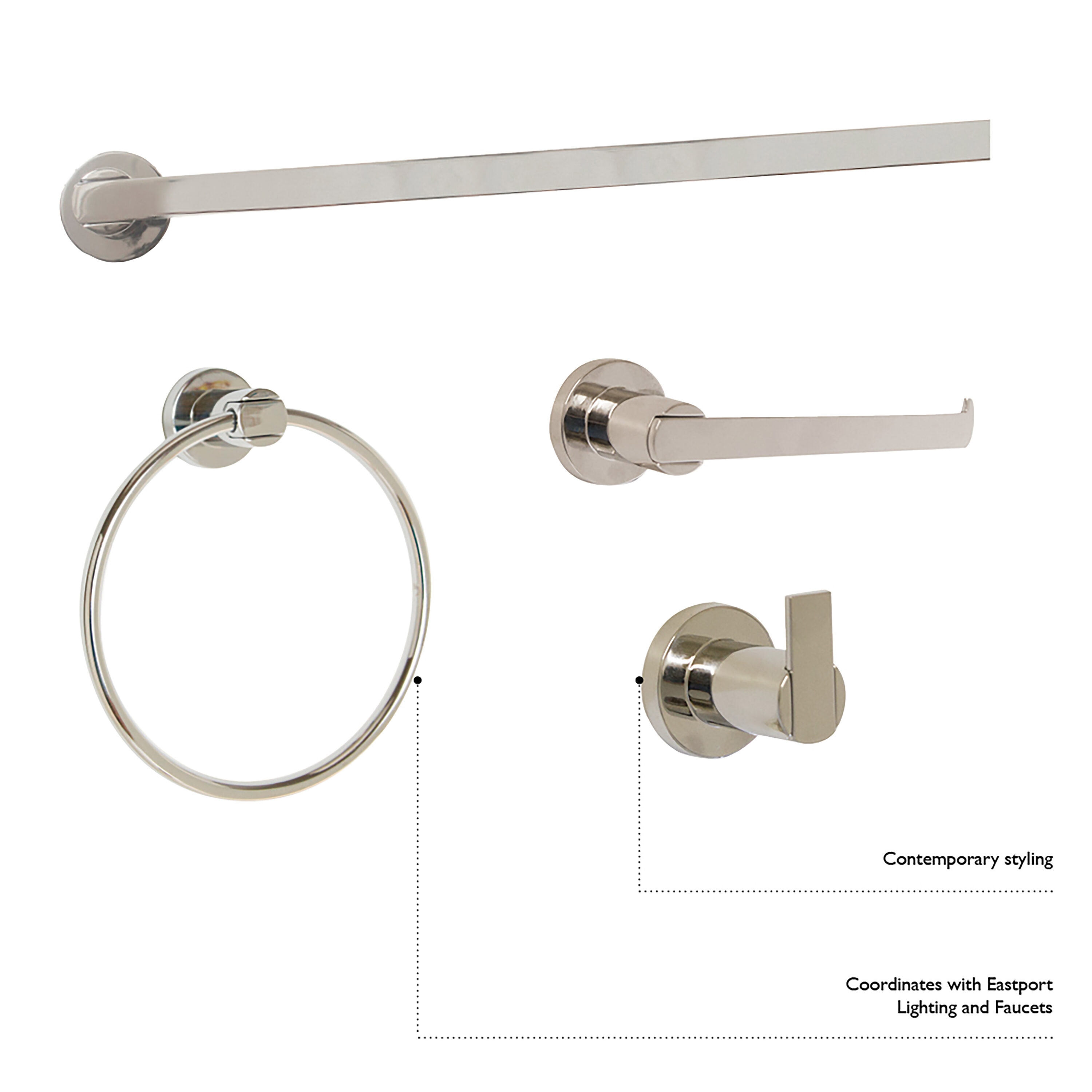 Juego de accesorios de baño decorativos de 4 piezas en níquel satinado Eastport, Incluye barra de toallas, porta papel higiénico, argolla para toallas y gancho para batas