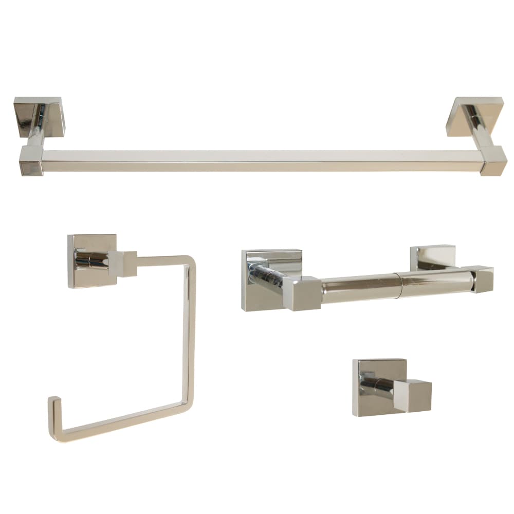 Set de accesorios para baño en cromo pulido de 4 piezas de Design House: Barra para toallas, portarrollos, argolla para toallas y gancho para batas incluidos 188540