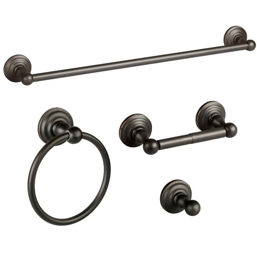 Set de accesorios de baño decorativos Calisto en bronce frotado con aceite de 4 piezas de Design House: Barra de toalla, portarrollos, aro de toalla y gancho para batas incluidos 188649