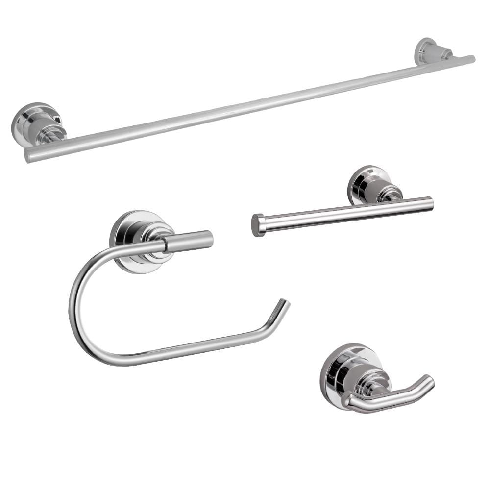 Juego de Accesorios de Baño Decorativos de 4 Piezas en Cromado Pulido Modelo Ginebra, incluye Barra de Toallas, Portarrollos, Argolla para Toallas y Gancho para Batas