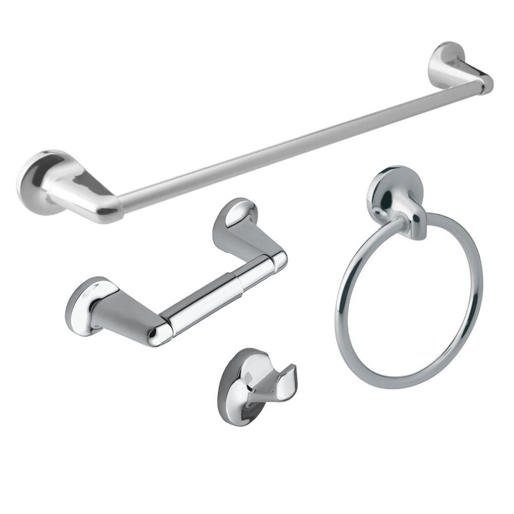 Juego de Accesorios Decorativos para Baño de 4 Piezas Alta Bay en Cromo Pulido, que incluye Barra de Toalla, Porta Papel Higiénico, Argolla para Toalla y Gancho para Bata