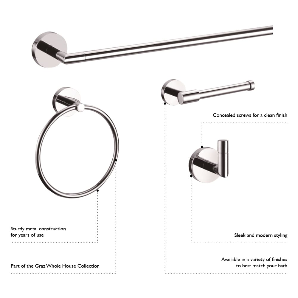 Juego de accesorios de baño decorativos de 4 piezas en cromo pulido para baño Graz de Design House - Incluye barra de toallas, portarrollos, argolla de toalla y gancho para batas