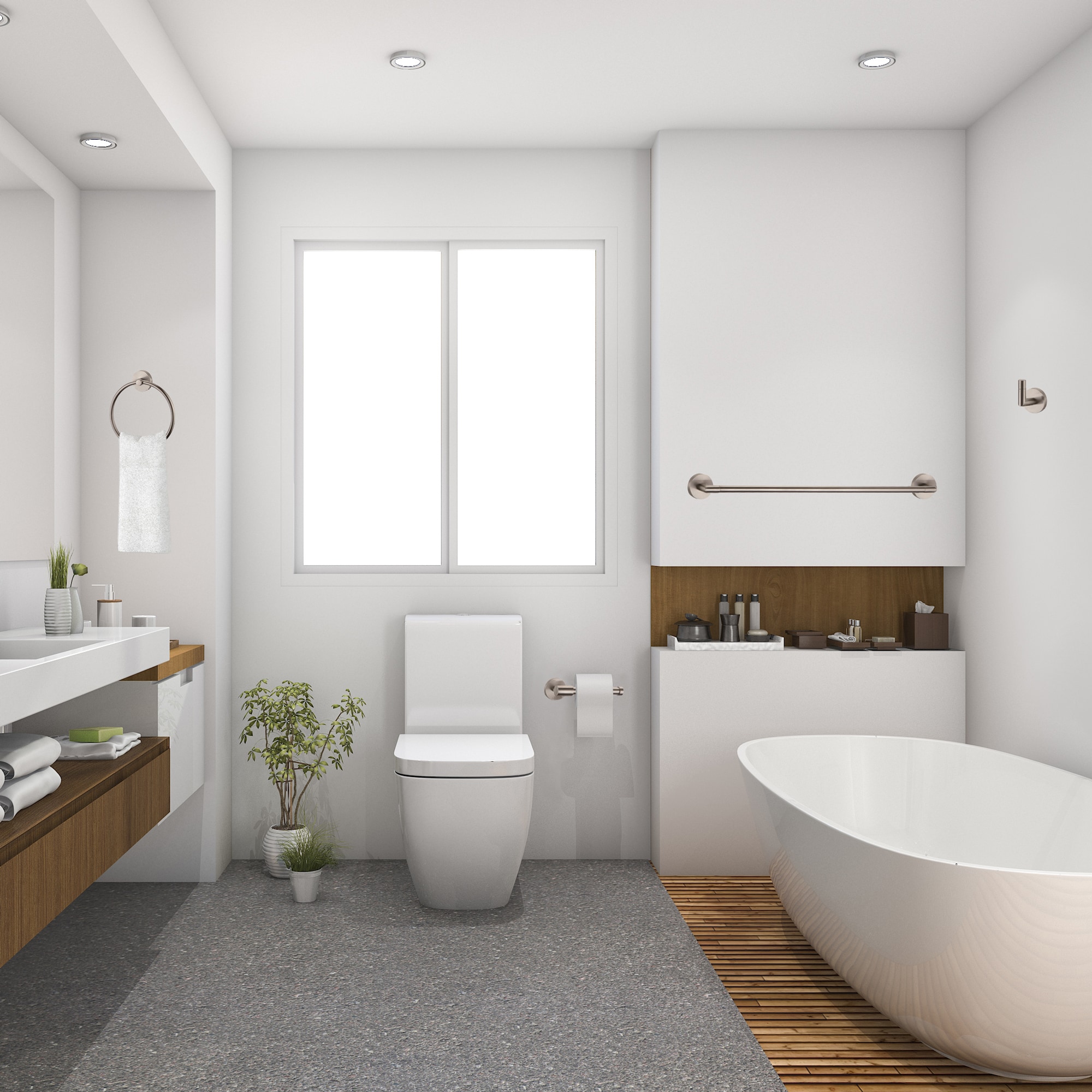 Juego de accesorios decorativos para baño de níquel satinado Graz de 4 piezas de Design House - Barra de toalla, portarrollos, argolla portatoallas y gancho para batas incluidos 188722
