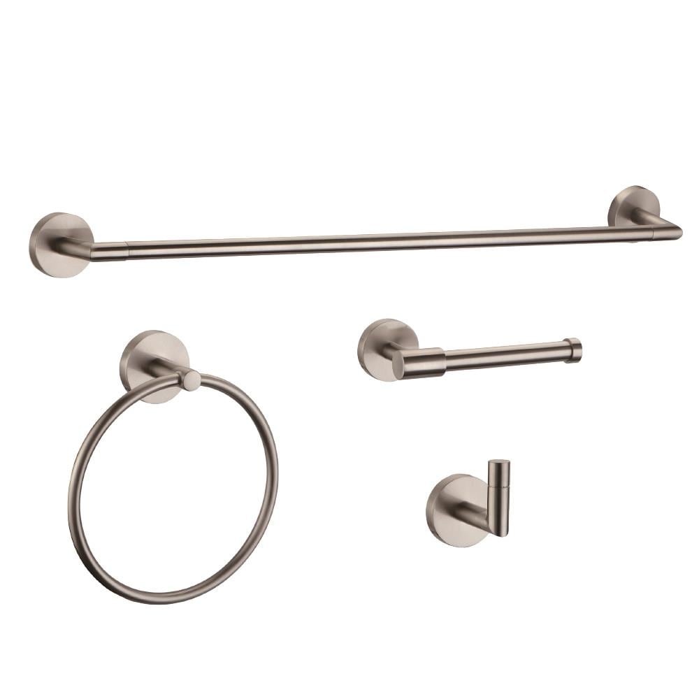 Juego de accesorios decorativos para baño de níquel satinado Graz de 4 piezas de Design House - Barra de toalla, portarrollos, argolla portatoallas y gancho para batas incluidos 188722