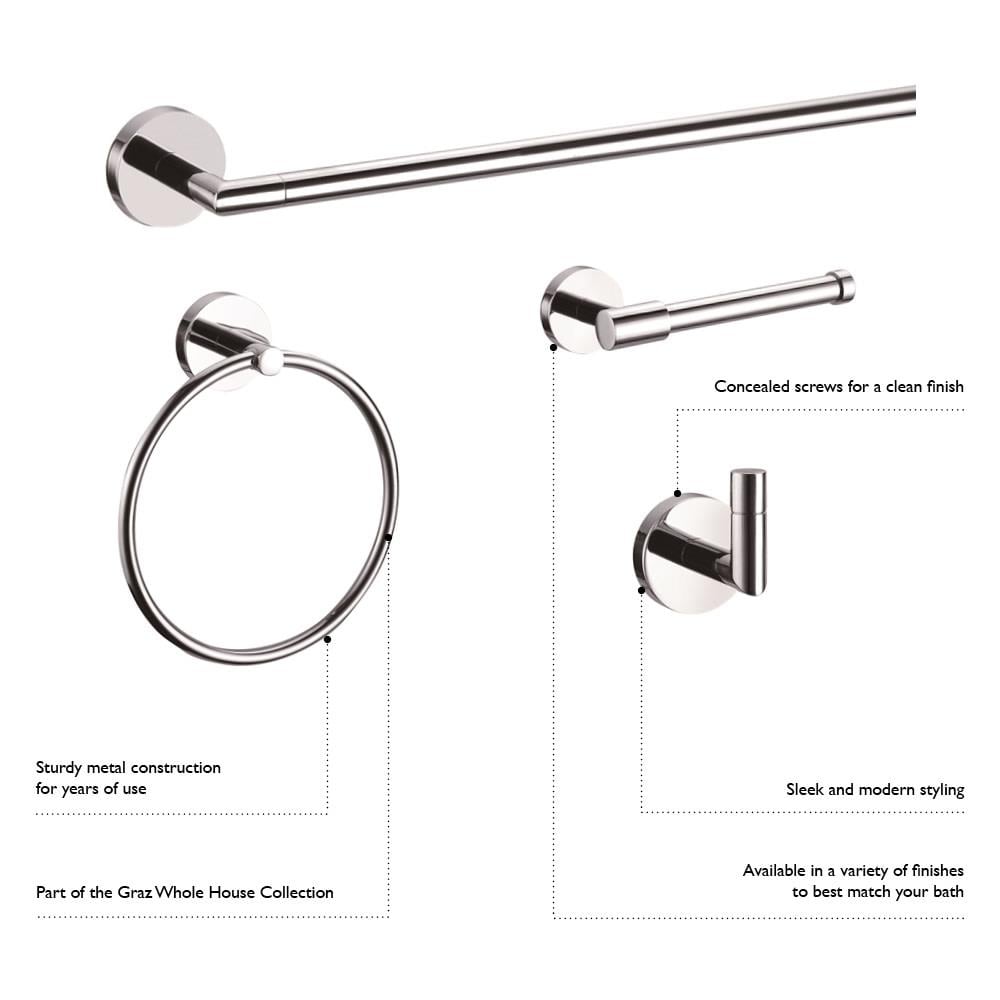 Juego de accesorios decorativos para baño de níquel satinado Graz de 4 piezas de Design House - Barra de toalla, portarrollos, argolla portatoallas y gancho para batas incluidos 188722