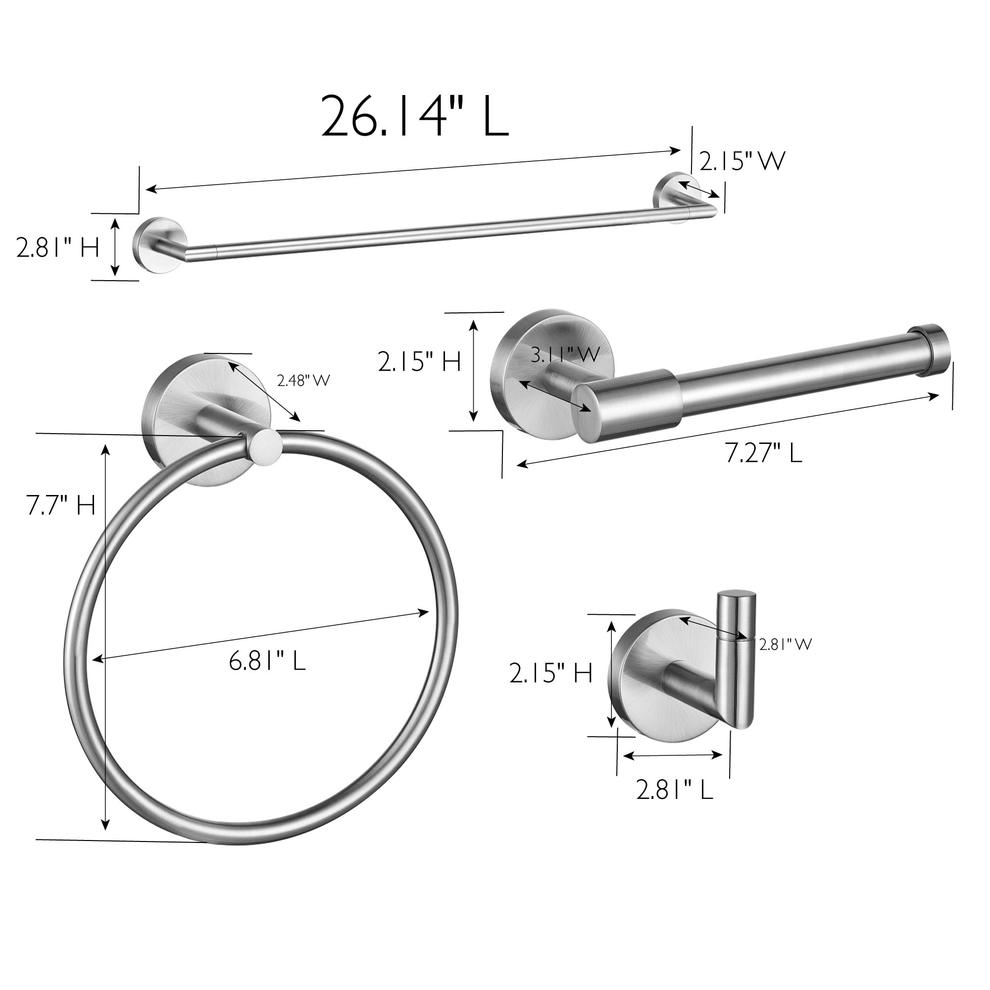 Juego de accesorios decorativos para baño de níquel satinado Graz de 4 piezas de Design House - Barra de toalla, portarrollos, argolla portatoallas y gancho para batas incluidos 188722
