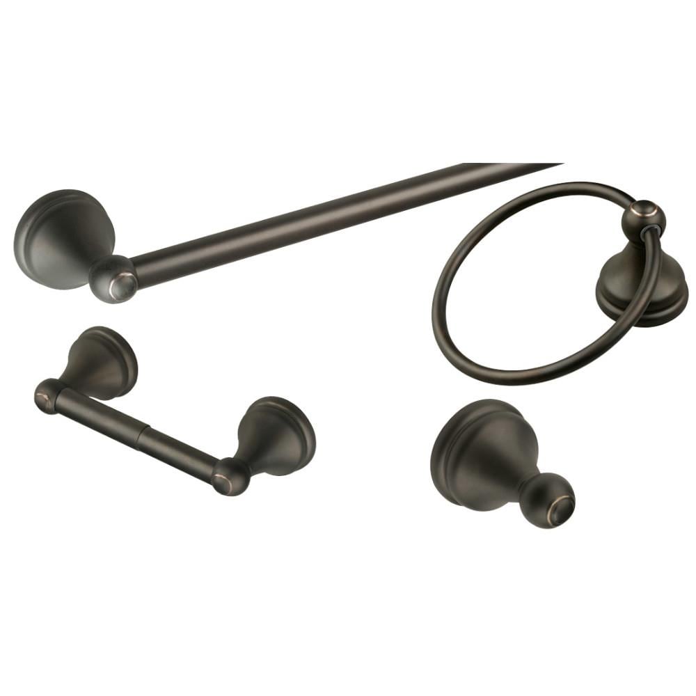 Juego de accesorios decorativos para baño en bronce aceitado de 4 piezas de Design House - Incluye barra de toallas, porta papel higiénico, anillo de toallas y gancho para batas.