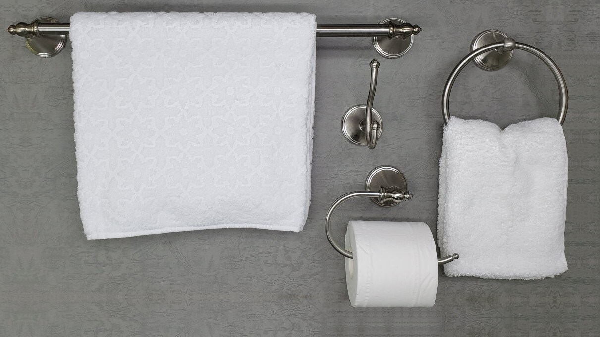 Juego de accesorios para baño decorativos de níquel cepillado de 4 piezas Annchester - Barra para toallas, porta papel higiénico, anillo para toallas, gancho para batas incluidos 5302-4SET-BN