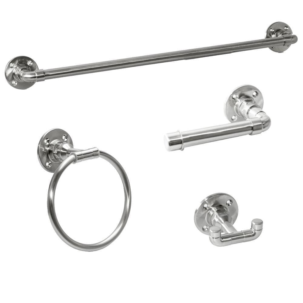 Juego de accesorios decorativos para baño de 4 piezas Kimball en níquel satinado de Design House. Incluye barra de toalla, porta papel higiénico, anillo de toalla y gancho para batas.