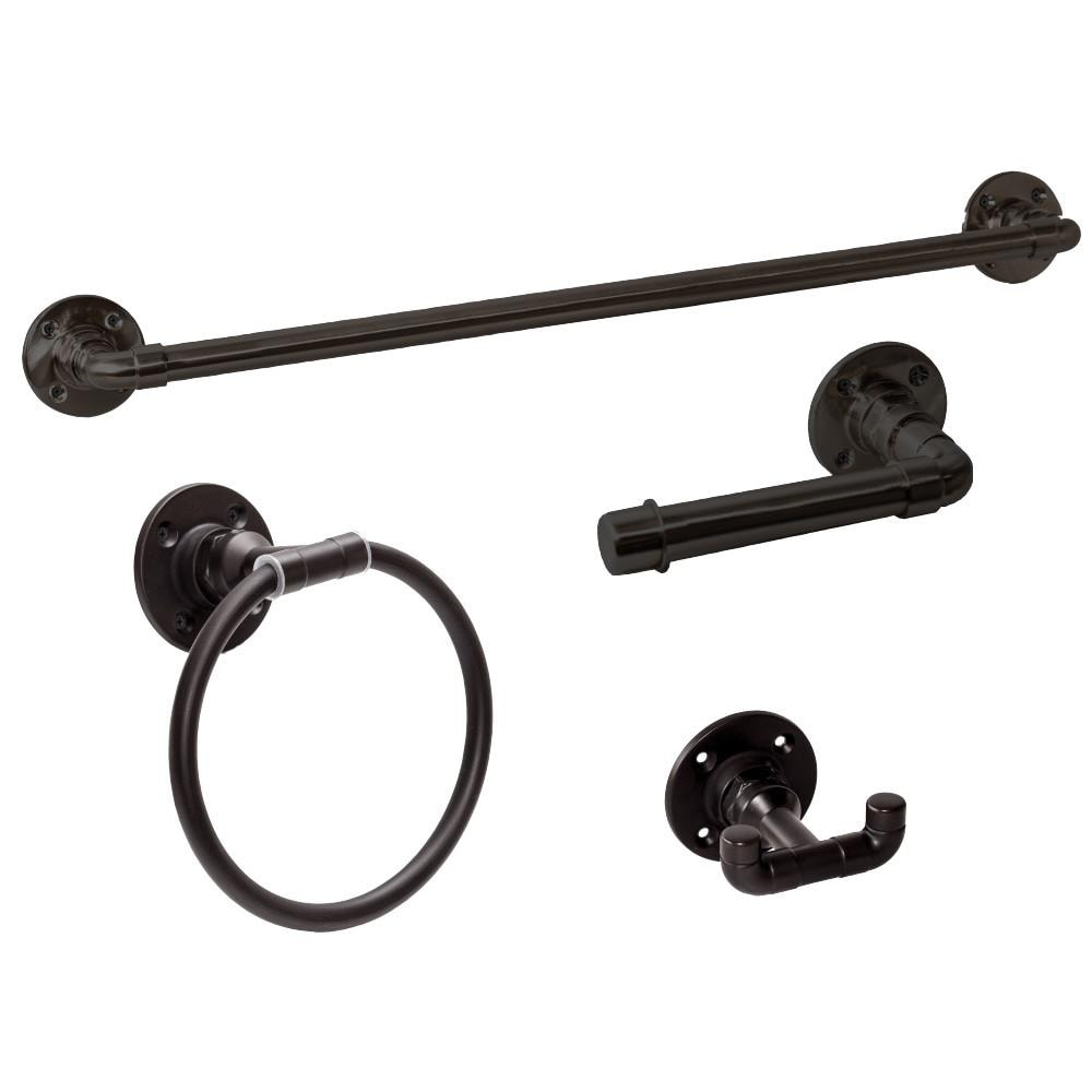 Set de accesorios decorativos para baño en negro satinado Kimball de 4 piezas - Barra para toallas, porta rollo de papel higiénico, argolla para toalla, gancho para batas incluidos 188581.