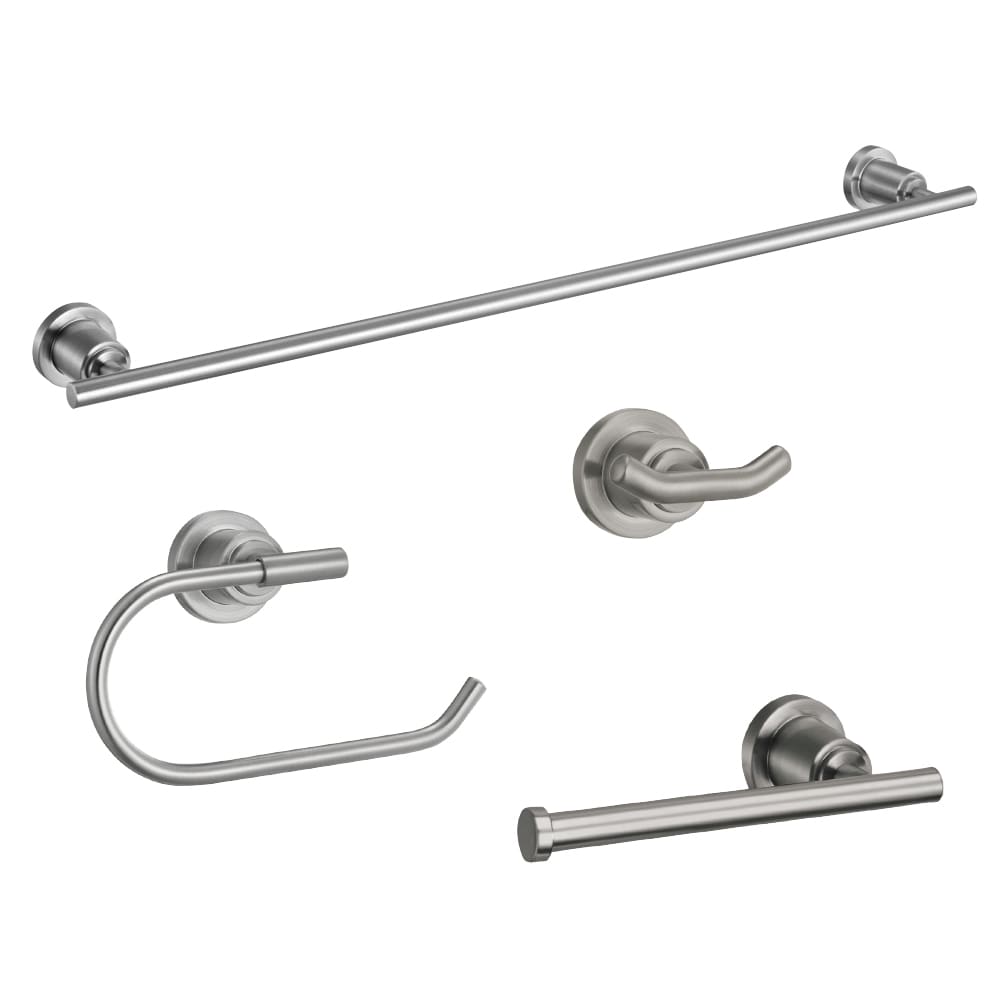Set de accesorios decorativos para baño de 4 piezas en níquel satinado Geneva: Barra de toallas, portarrollos, argolla para toallas y gancho para batas incluidos 188656