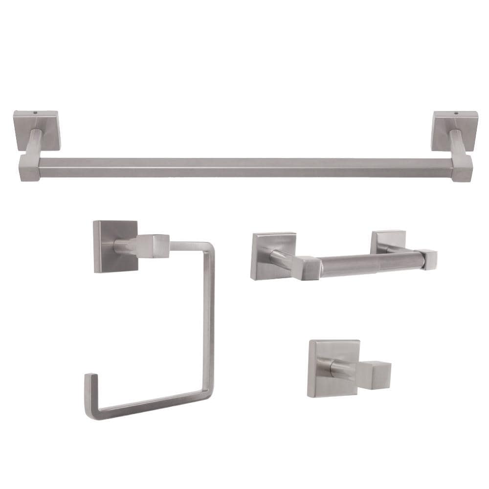 Juego de Accesorios Decorativos para Baño en Níquel Satinado de 4 Piezas Karsen, Incluye Barra de Toalla, Portarrollos, Argolla de Toalla y Gancho para Bata de Casa