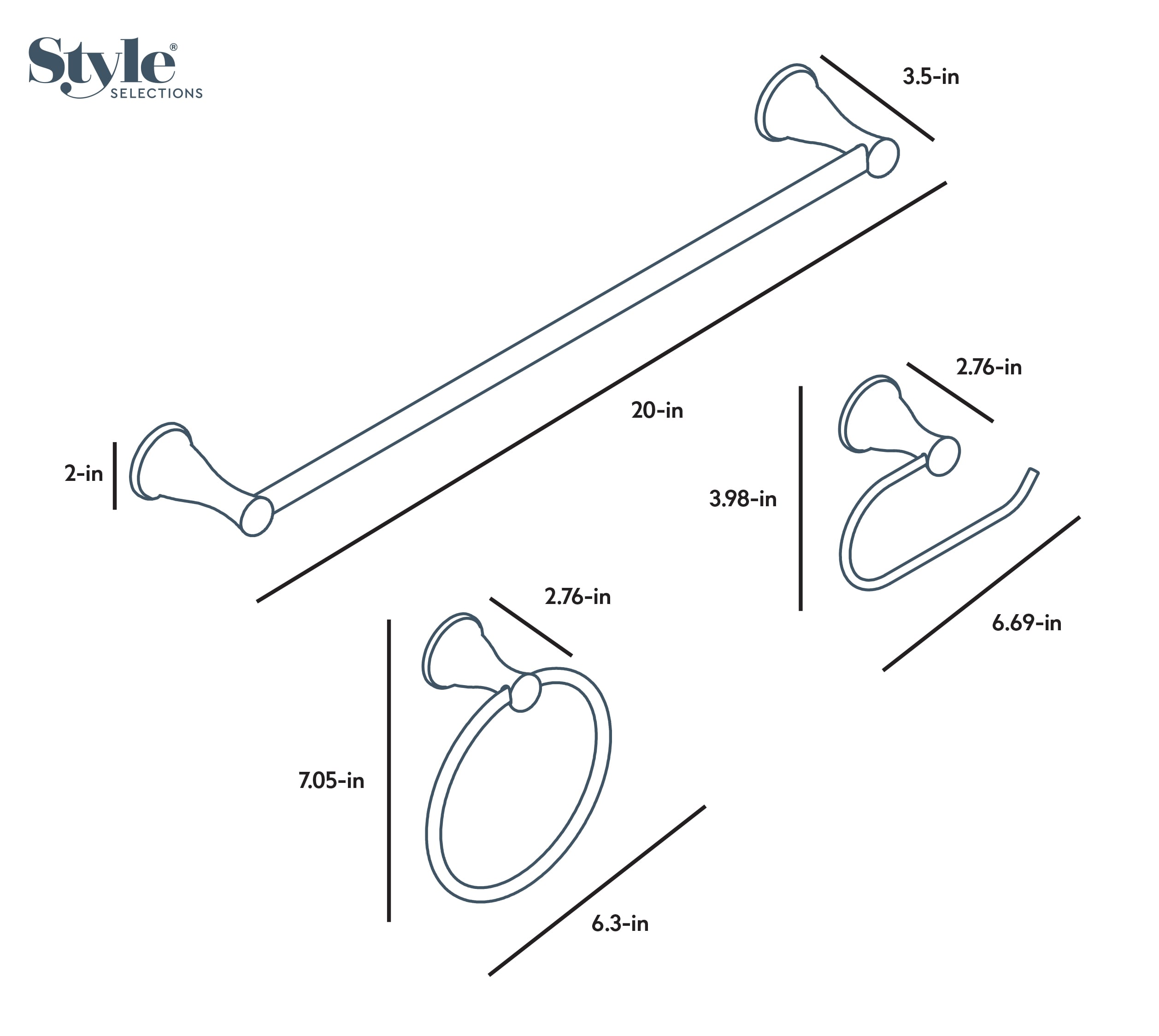 Juego de Accesorios para Baño Decorativo de Cromo Bailey de 3 Piezas Incluye Barra para Toallas, Porta Rollos de Papel y Argolla para Toallas
