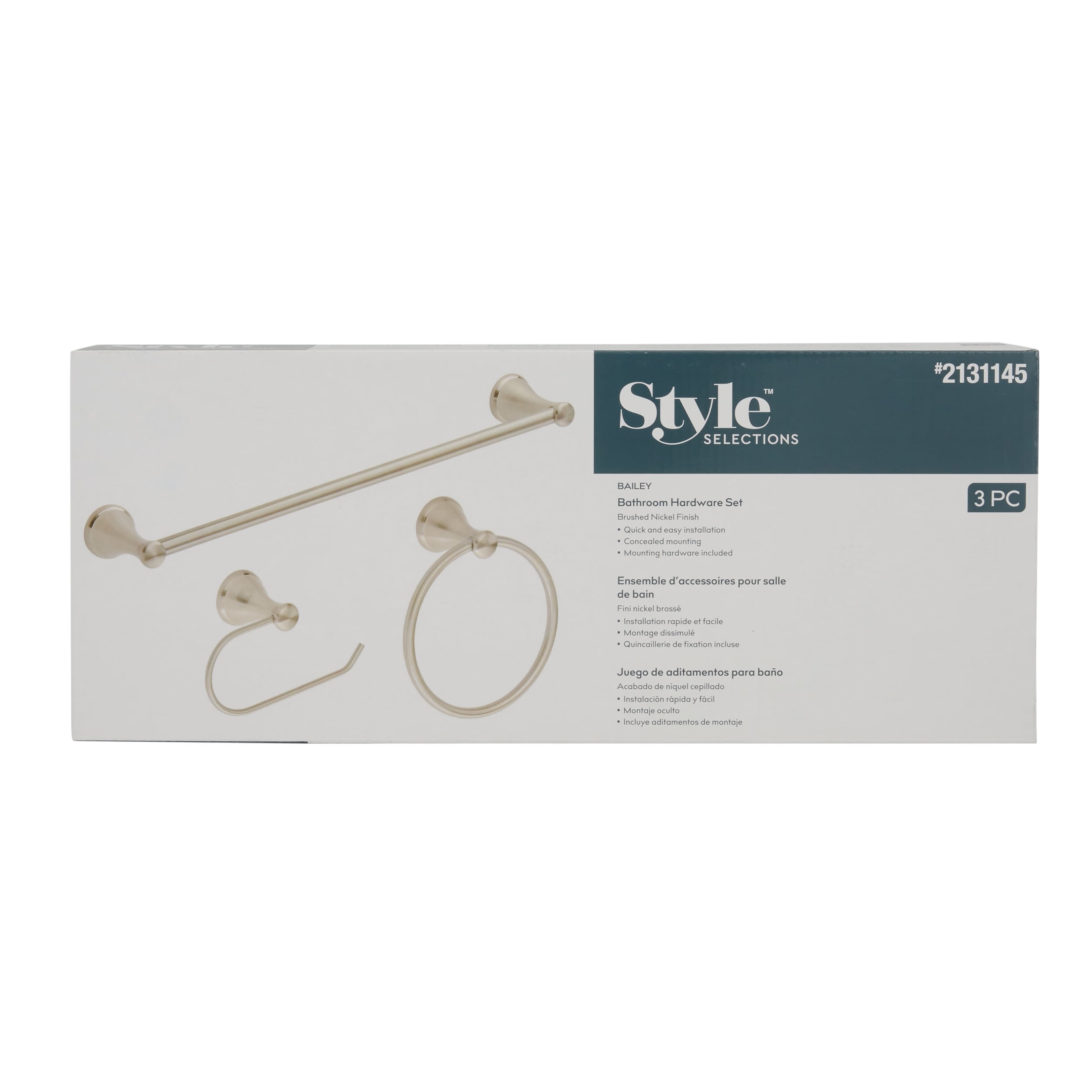 Juego de accesorios decorativos para baño de 3 piezas Bailey en níquel cepillado, incluye barra de toallas, portarrollos y argolla para toallas - FSI 2403KIT BN