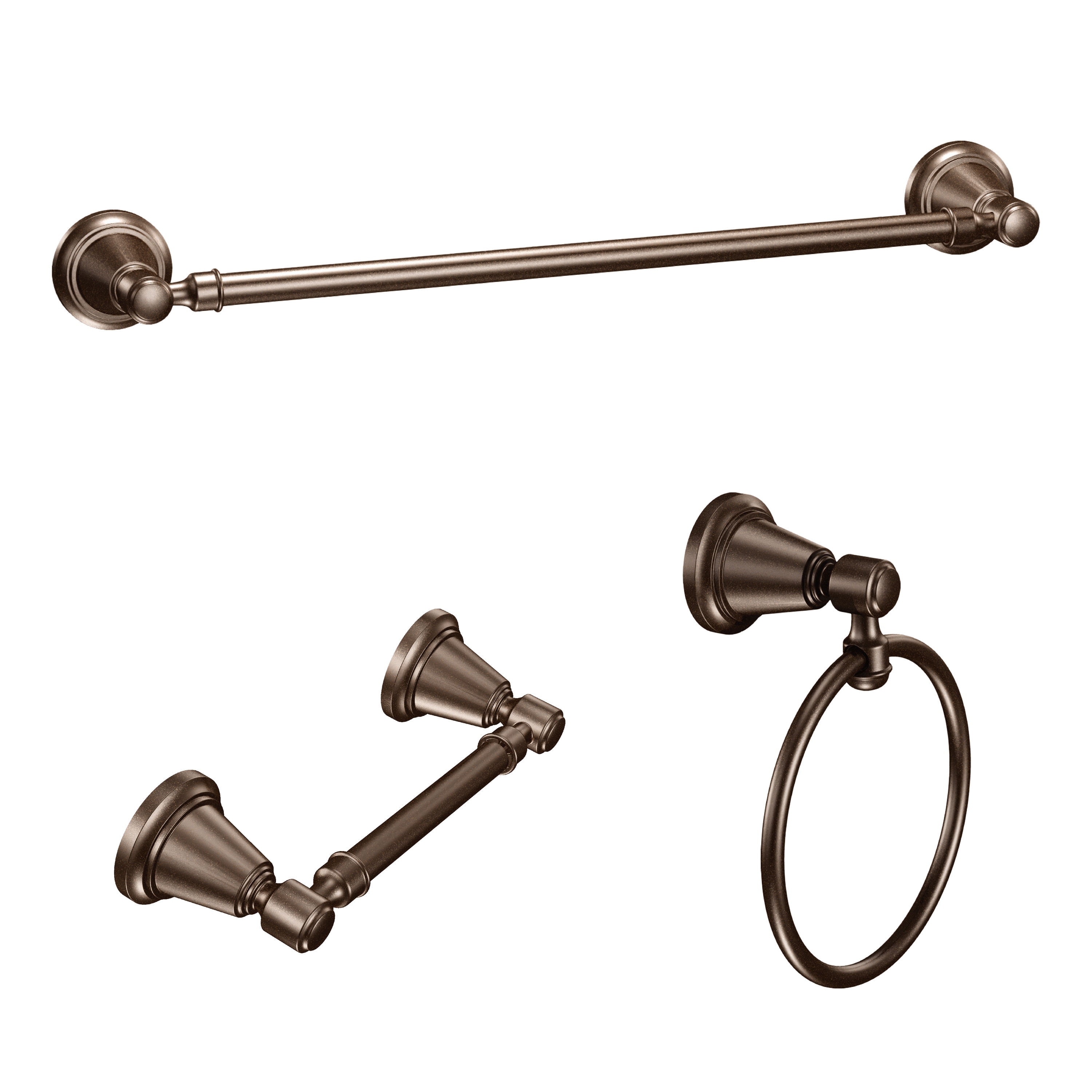 Juego de Accesorios para Baño Decorativo en Bronce Aceitado de 3 Piezas Moen Bradshaw- Barra de Toalla, Porta Papel Higiénico, Anillo para Toalla, Incluidos DN3693ORB