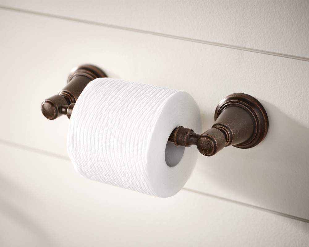 Juego de Accesorios para Baño Decorativo en Bronce Aceitado de 3 Piezas Moen Bradshaw- Barra de Toalla, Porta Papel Higiénico, Anillo para Toalla, Incluidos DN3693ORB