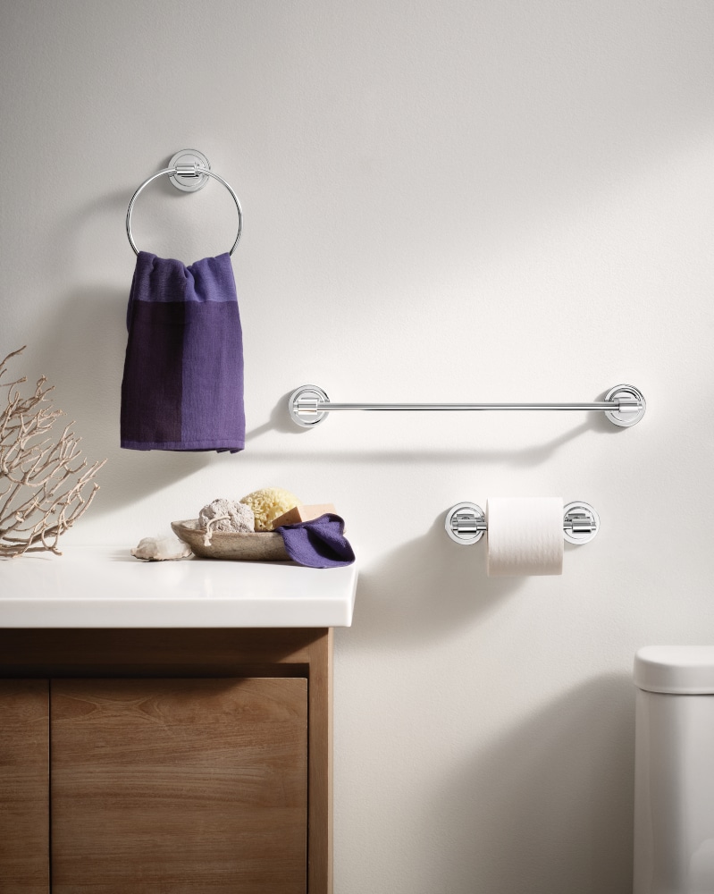 Juego de accesorios de baño decorativos de cromo Moen 3 Piezas - Barra de toallas, porta papel higiénico, argolla de toallas incluidos DN0793CH