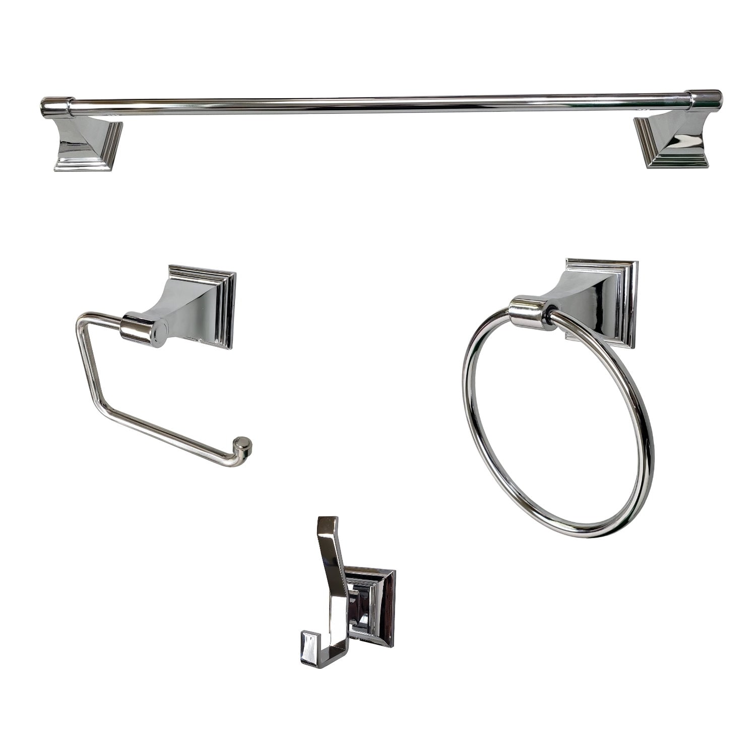 Set de accesorios de baño decorativos en cromo Leonard de 4 piezas ARISTA - Incluye barra de toalla, porta papel higiénico, argolla de toalla y gancho para batas