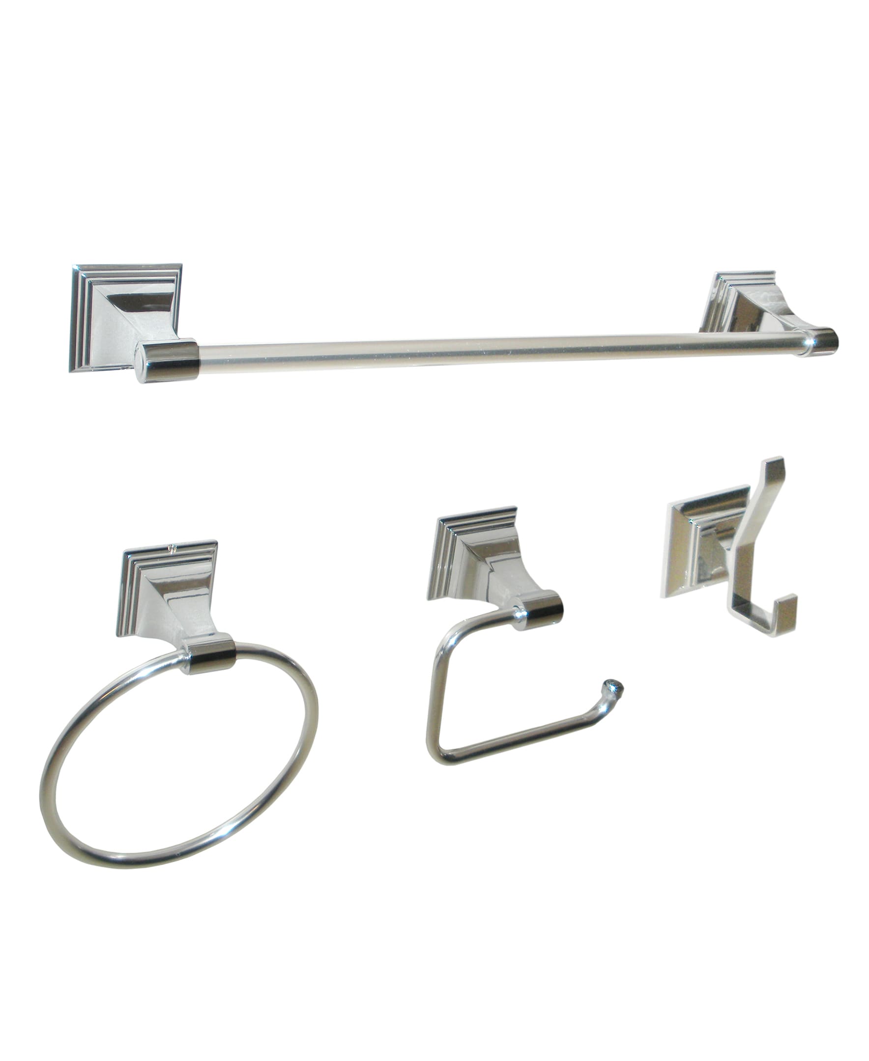Set de accesorios de baño decorativos en cromo Leonard de 4 piezas ARISTA - Incluye barra de toalla, porta papel higiénico, argolla de toalla y gancho para batas